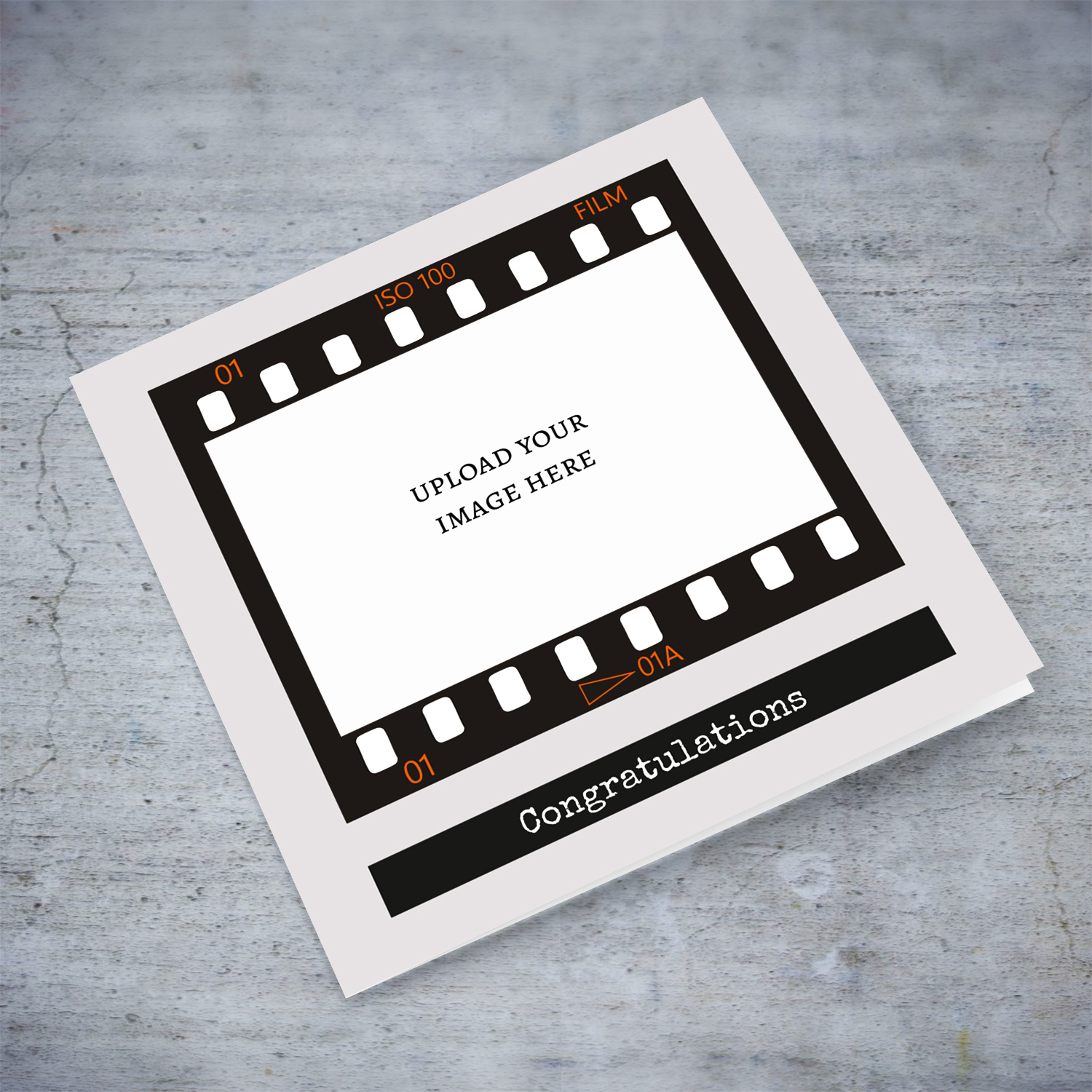 A photo Congratulations card featuring a black photo film reel to upload photo into and a neutral background in English (unisex)