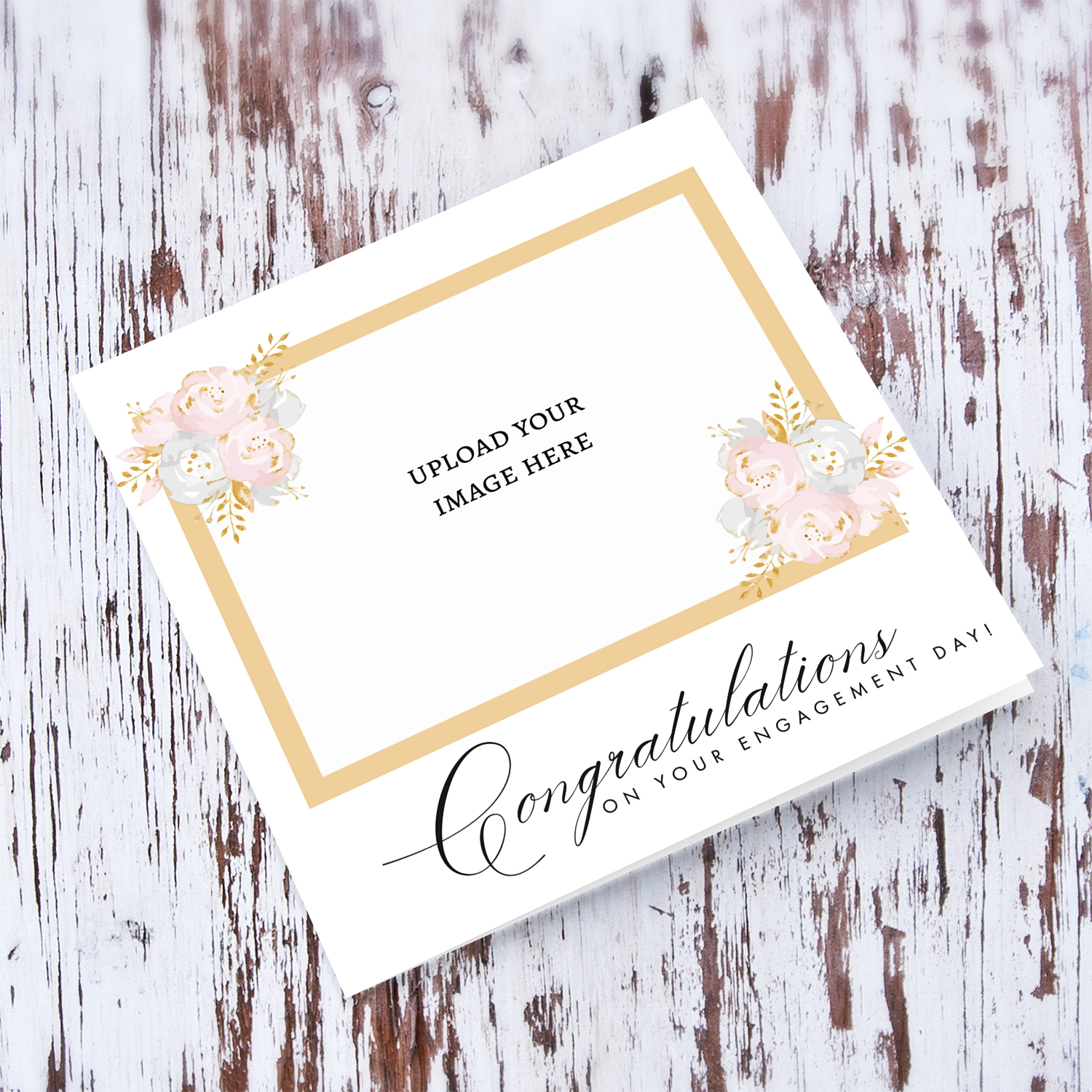 Elegant photo engagement card with florals, rectangular golden border and white background in English