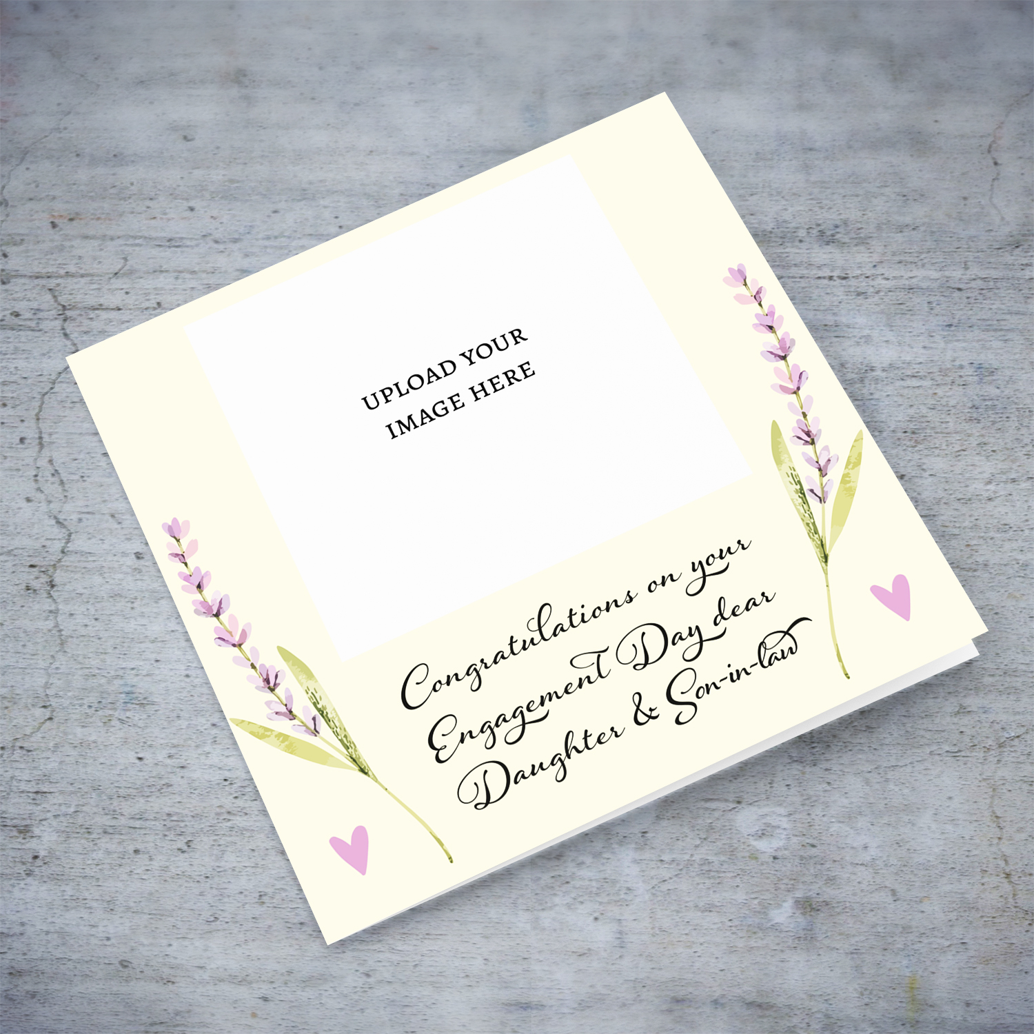 Light cream background with dainty lilac / pink florals photo Engagement card for daughter and son-in-law in English