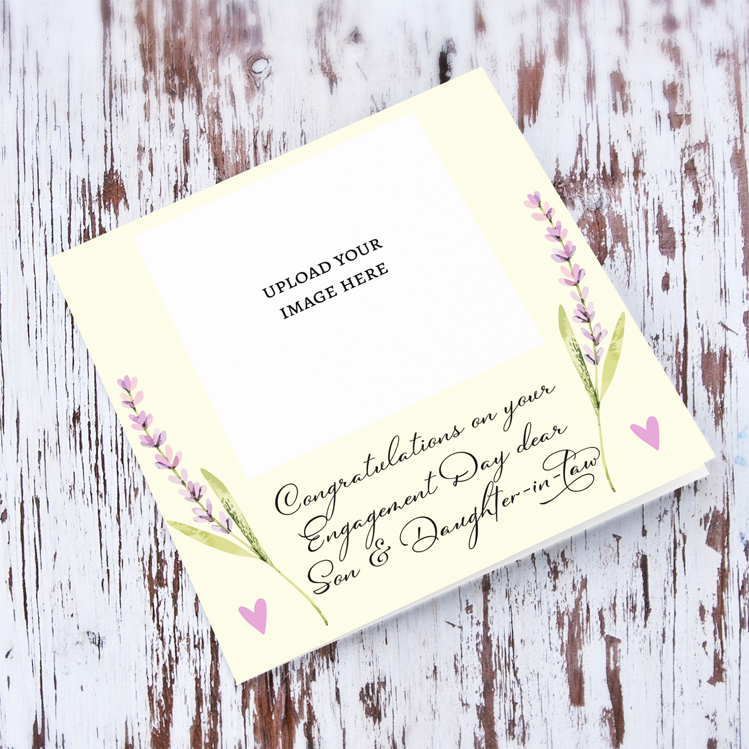 Light cream background with dainty lilac / pink florals photo Engagement card for son and daughter -in-law in English