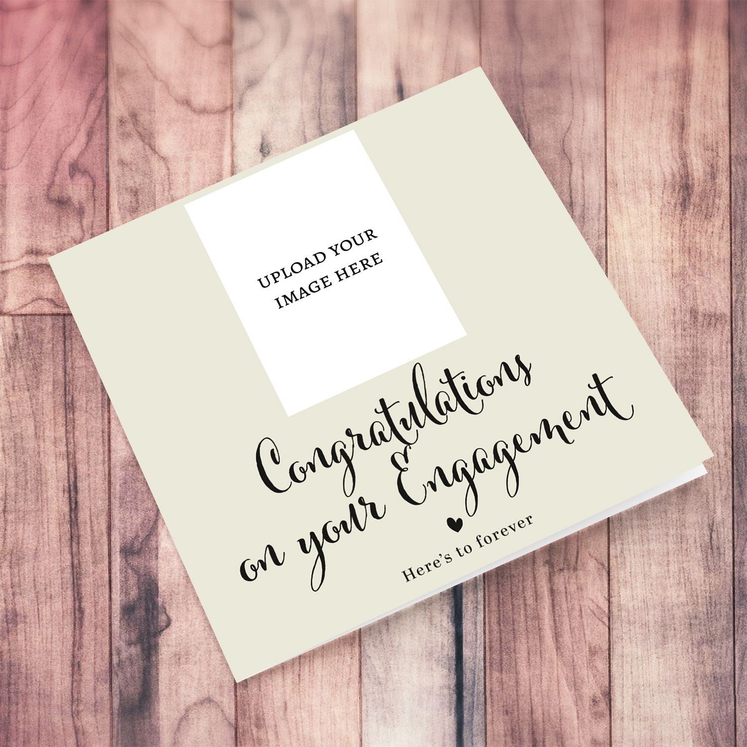 A minimalist Engagement photo card, in a light background, black text and heart in English