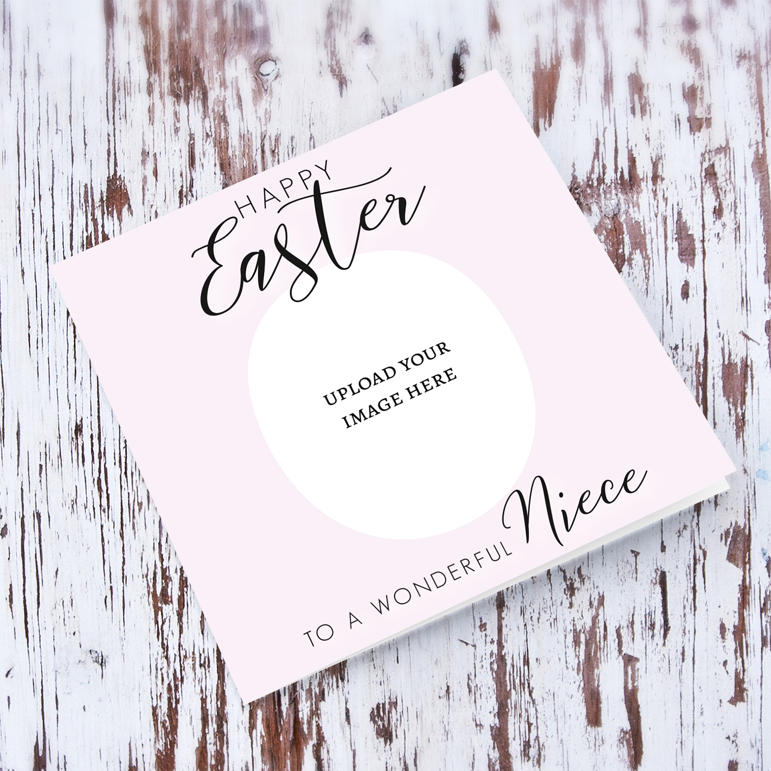 Niece photo Easter card in light pink background in English