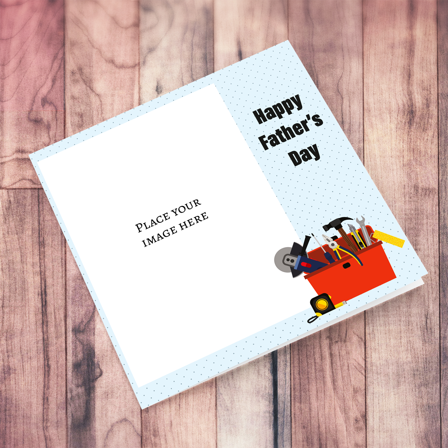 Photo father's day card in light blue dotted background with toolbox in English 