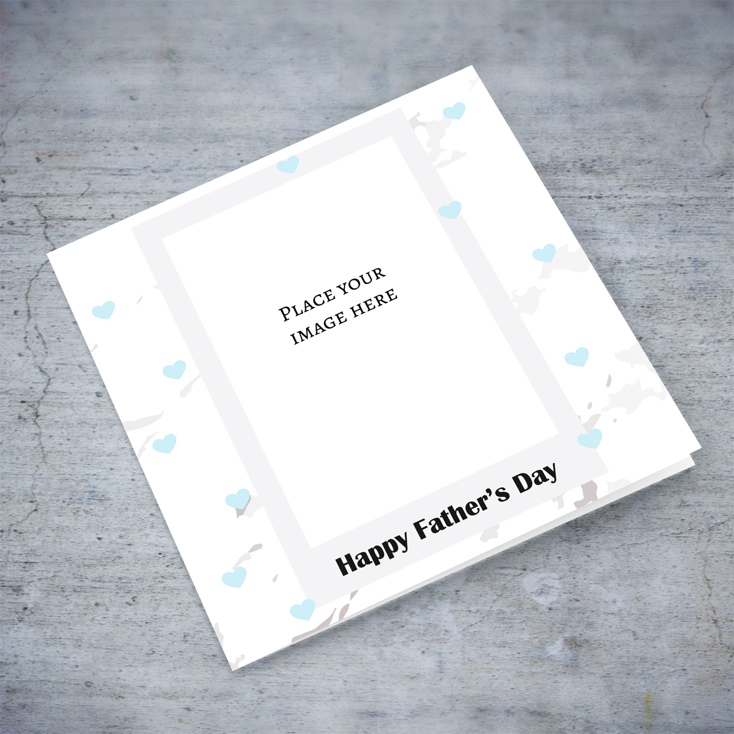 Marbled background father's day photo card with scattered light blue hearts in English