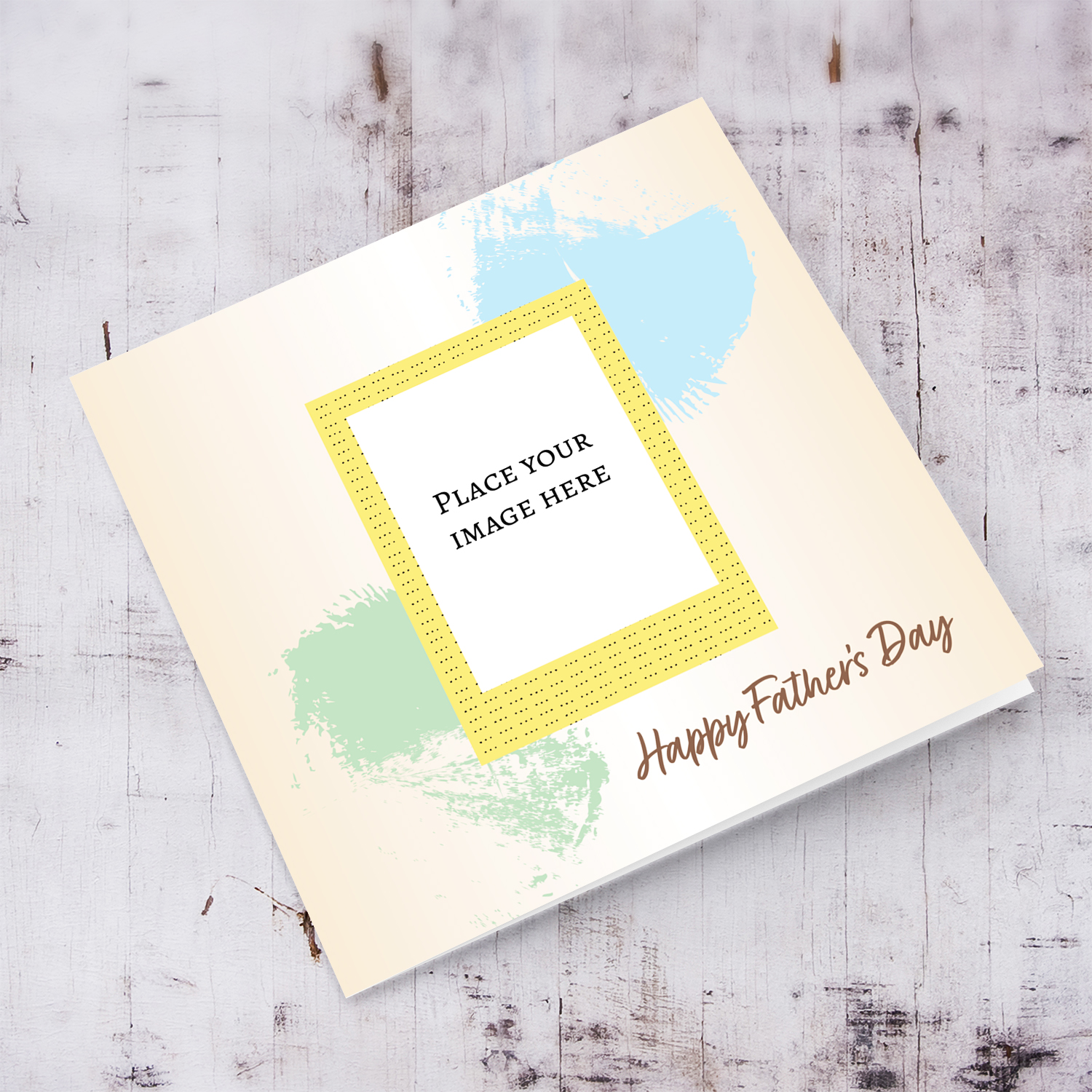 Light background with green and light blue brush strokes photo father's day card in English