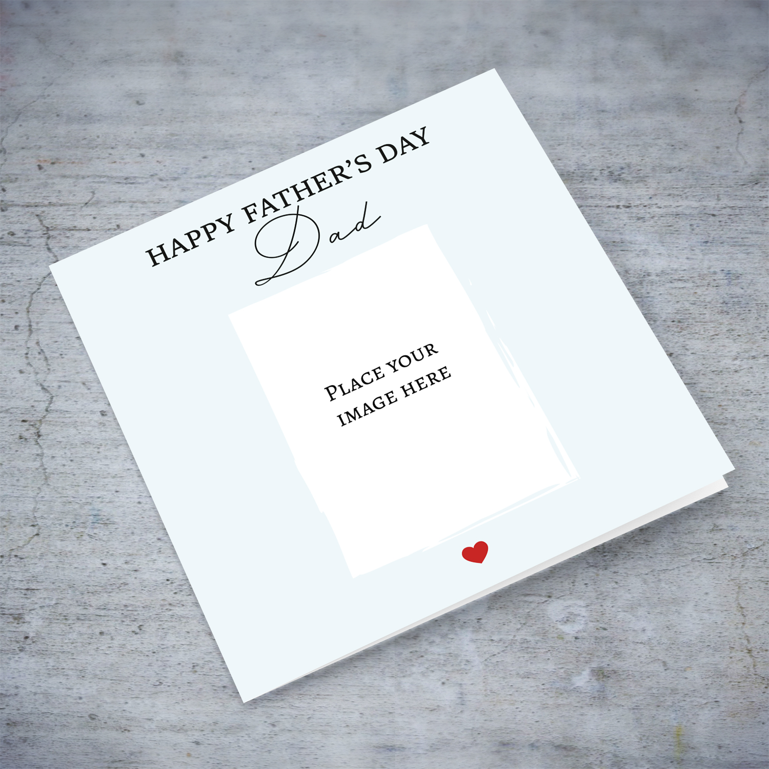 Minimalist photo father's day card with light blue background and red heart in English