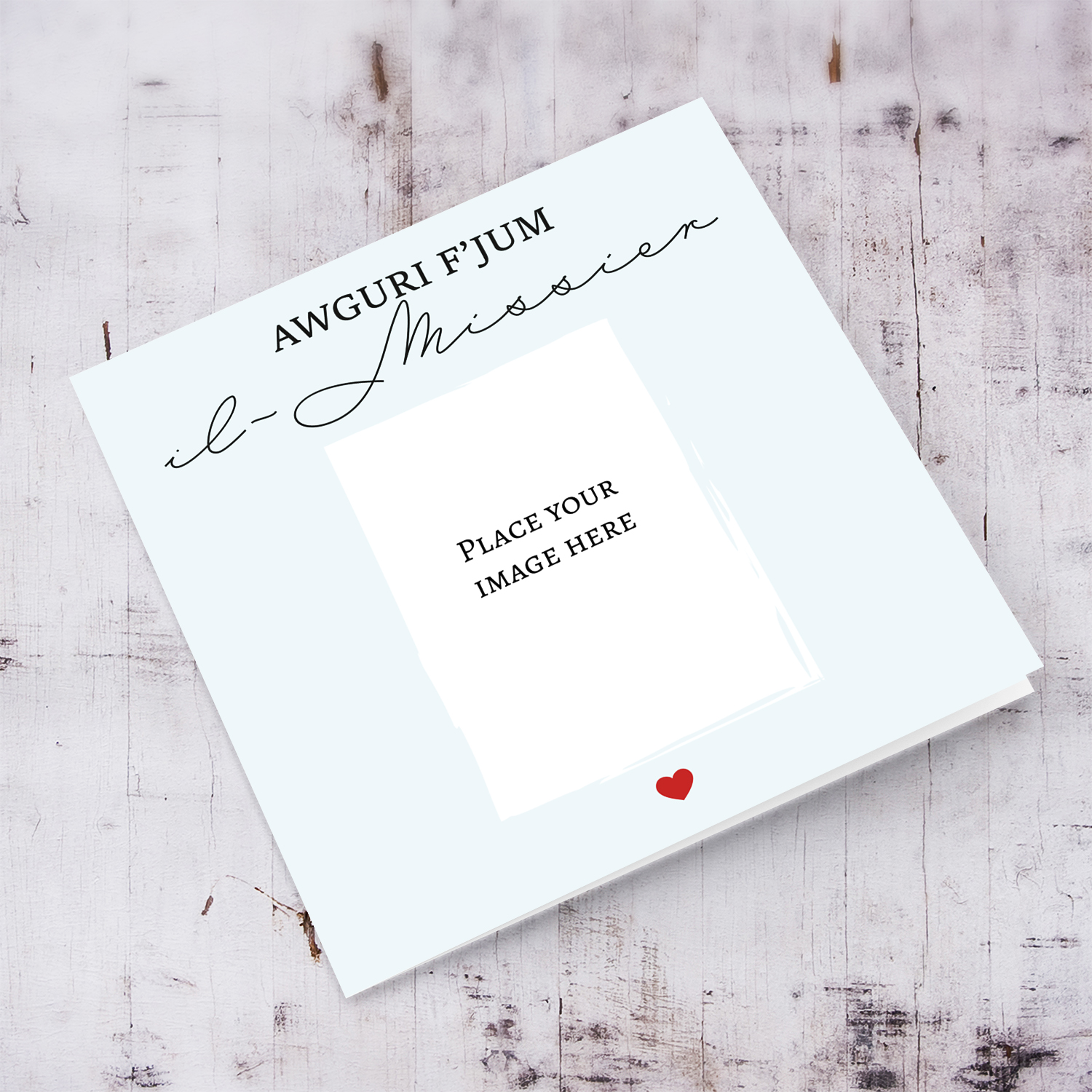 Minimalist photo father's day card with light blue background and red heart in Maltese