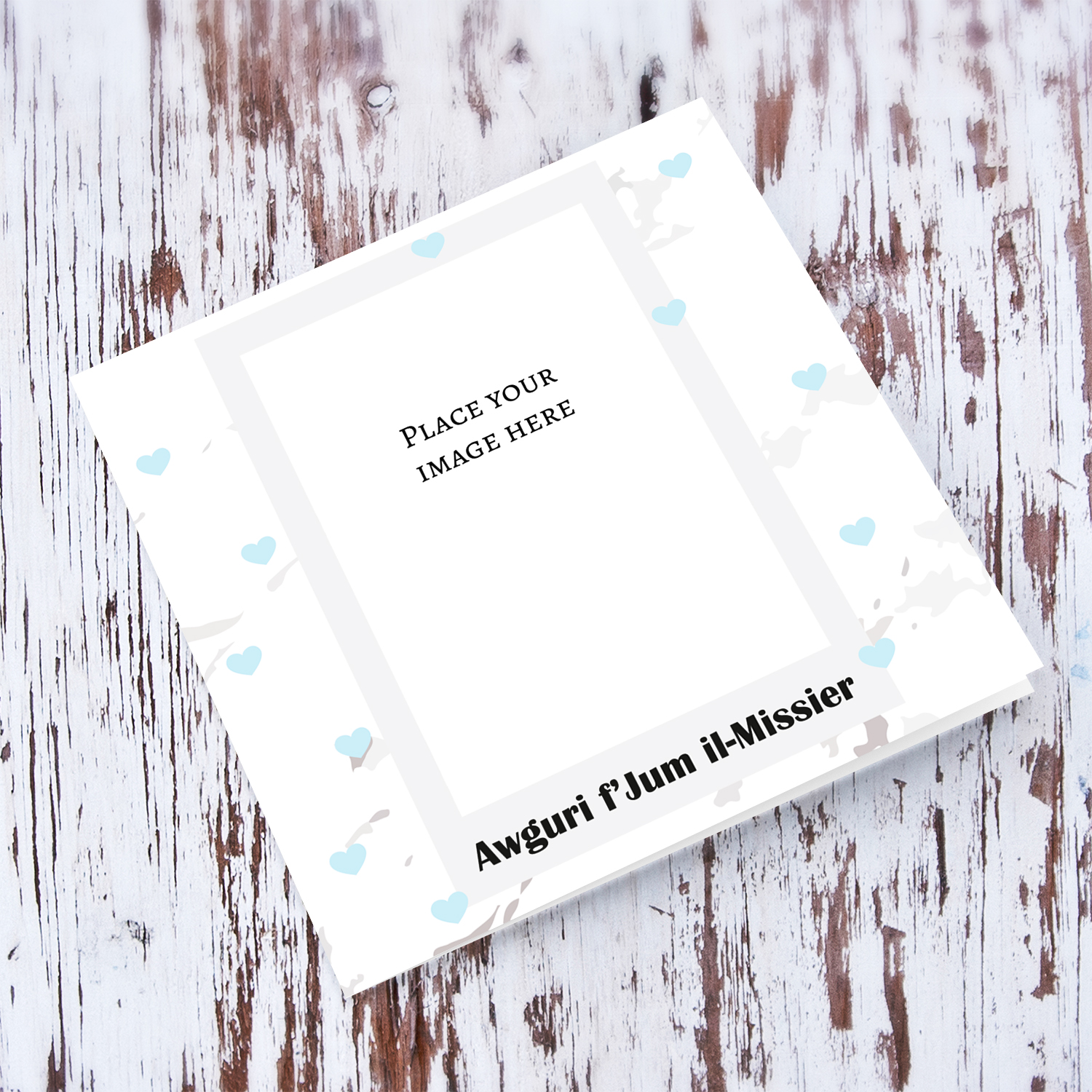 Marbled background father's day photo card with scattered light blue hearts in Maltese