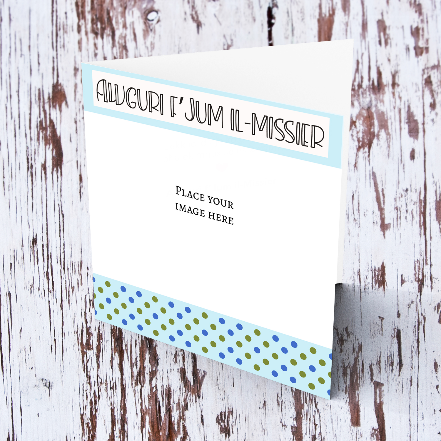 Photo father's day card in light blue border and blue and green dotty sash in Maltese