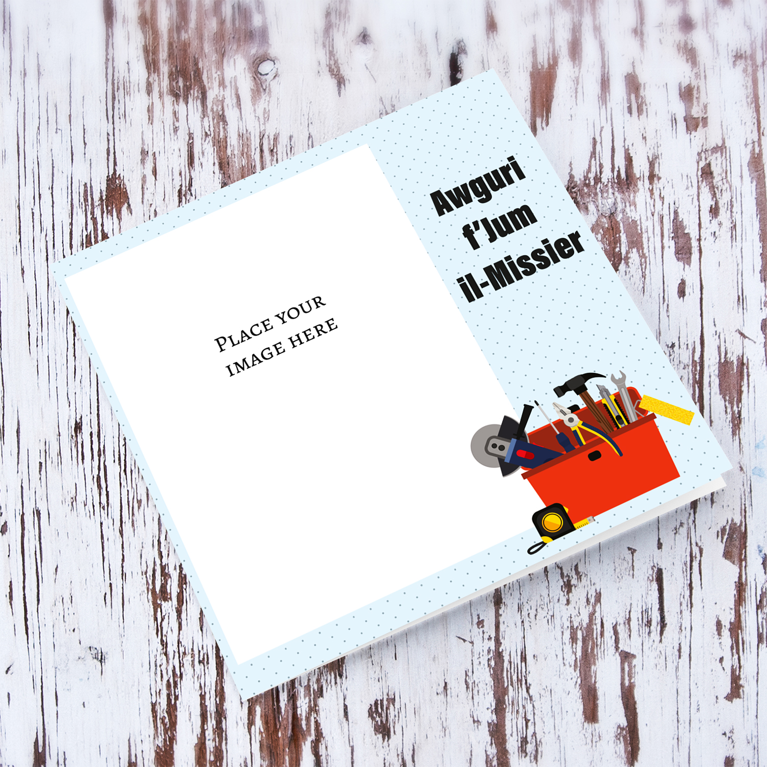 Photo father's day card in light blue dotted background with toolbox in Maltese