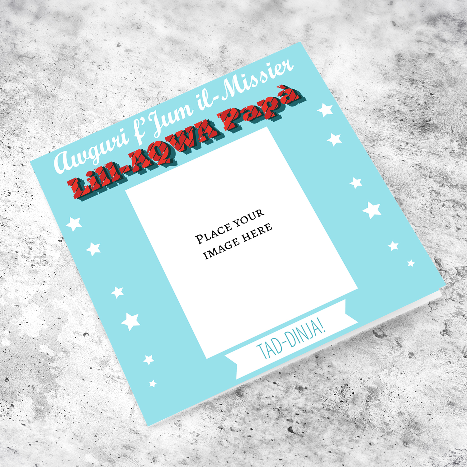 Happy father's day to the best dad photo card with scattered stars and blue background in Maltese