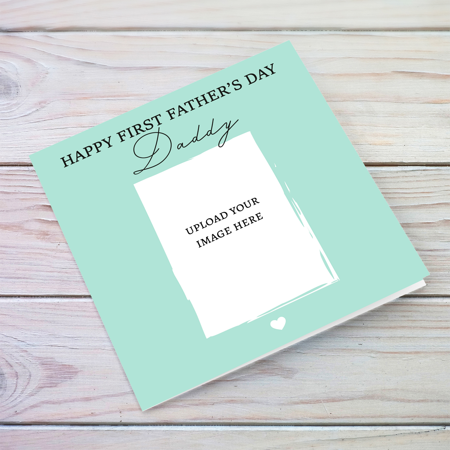 Minimalist photo first father's day card with light green background and white heart in English
