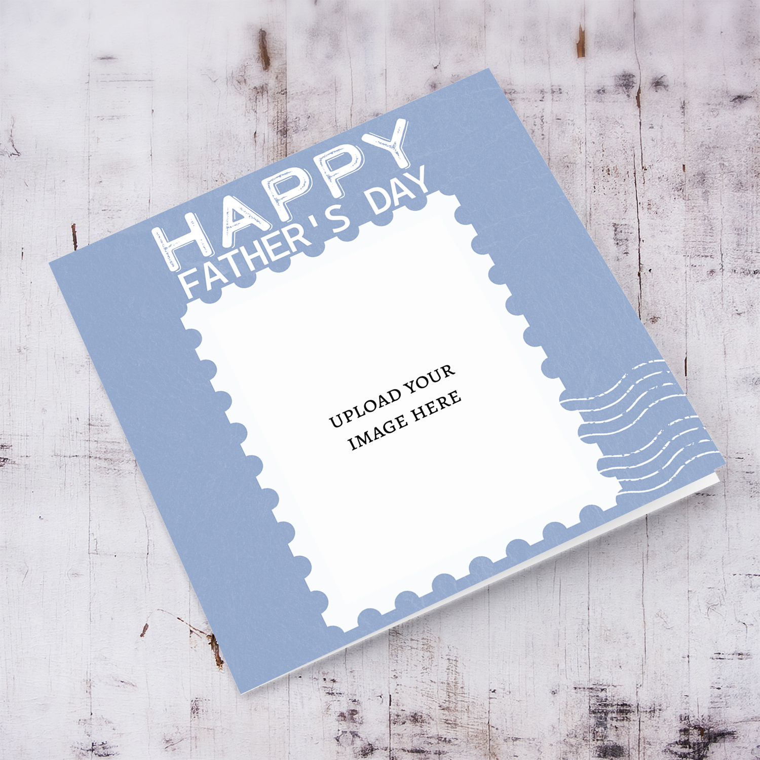 A photo card featuring a stamp themed father's day card in blue background and white text in English
