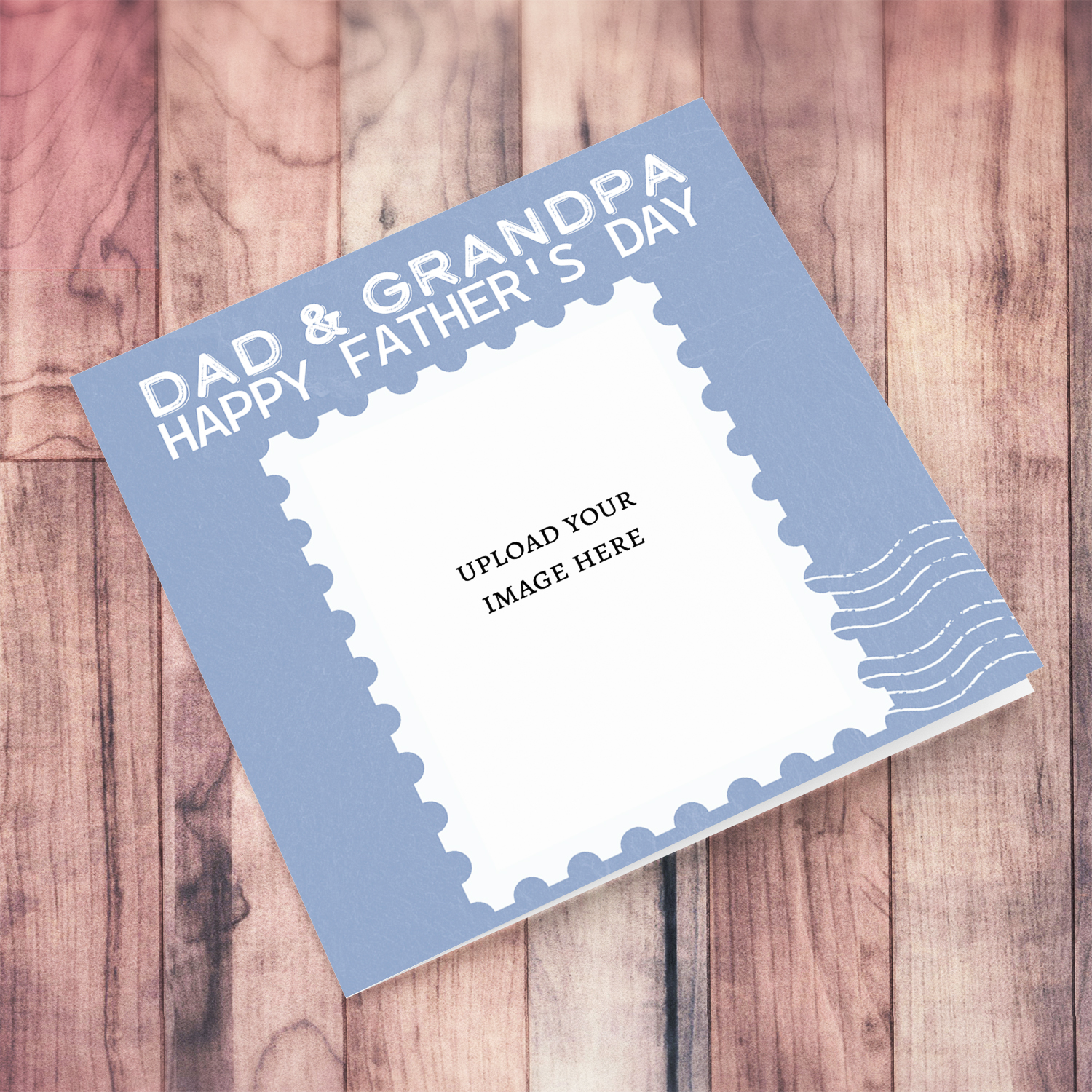 A photo card featuring a stamp themed father's day card for dad and grandpa in blue background and white text in English