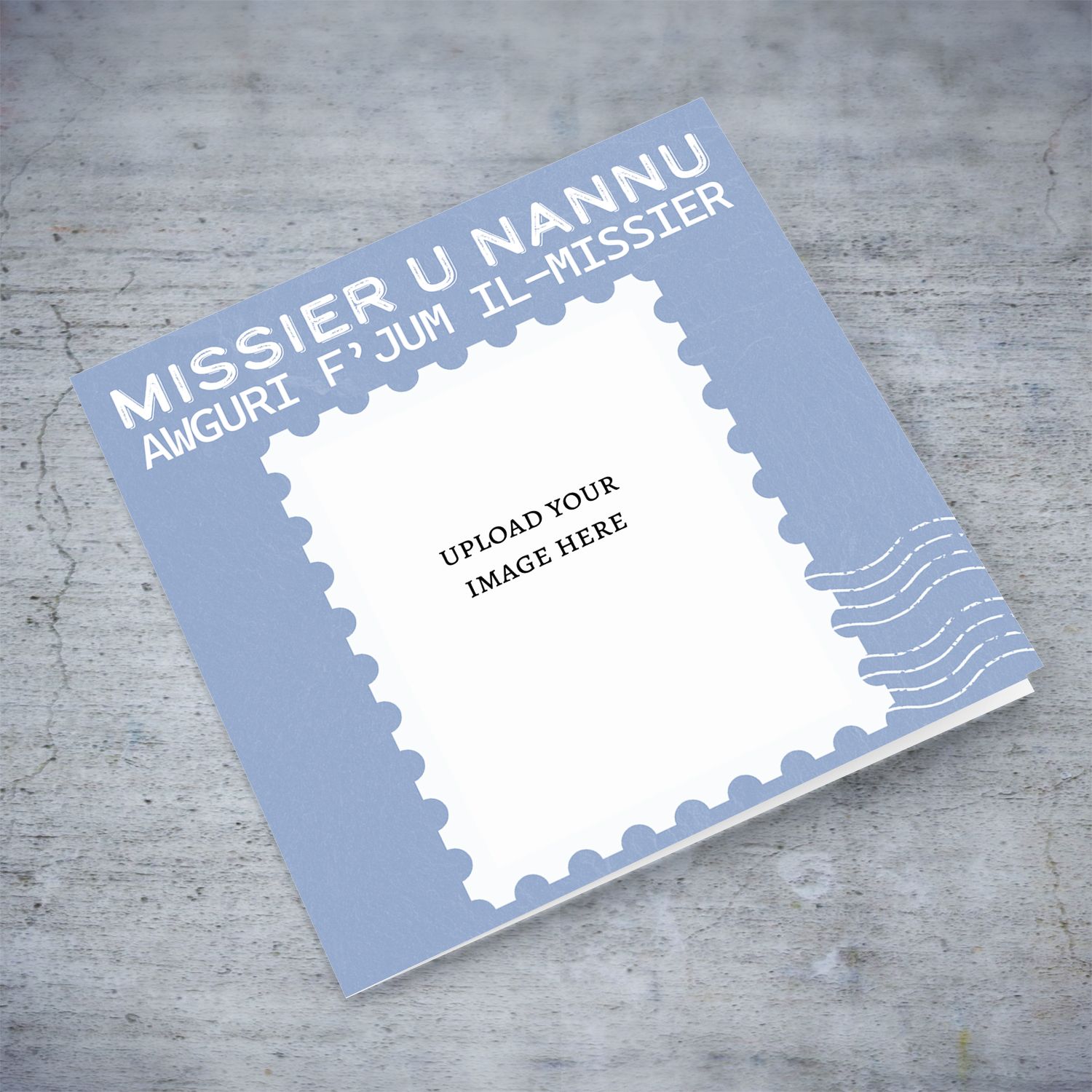 A photo card featuring a stamp themed father's day card for dad and grandad in blue background and white text in Maltese