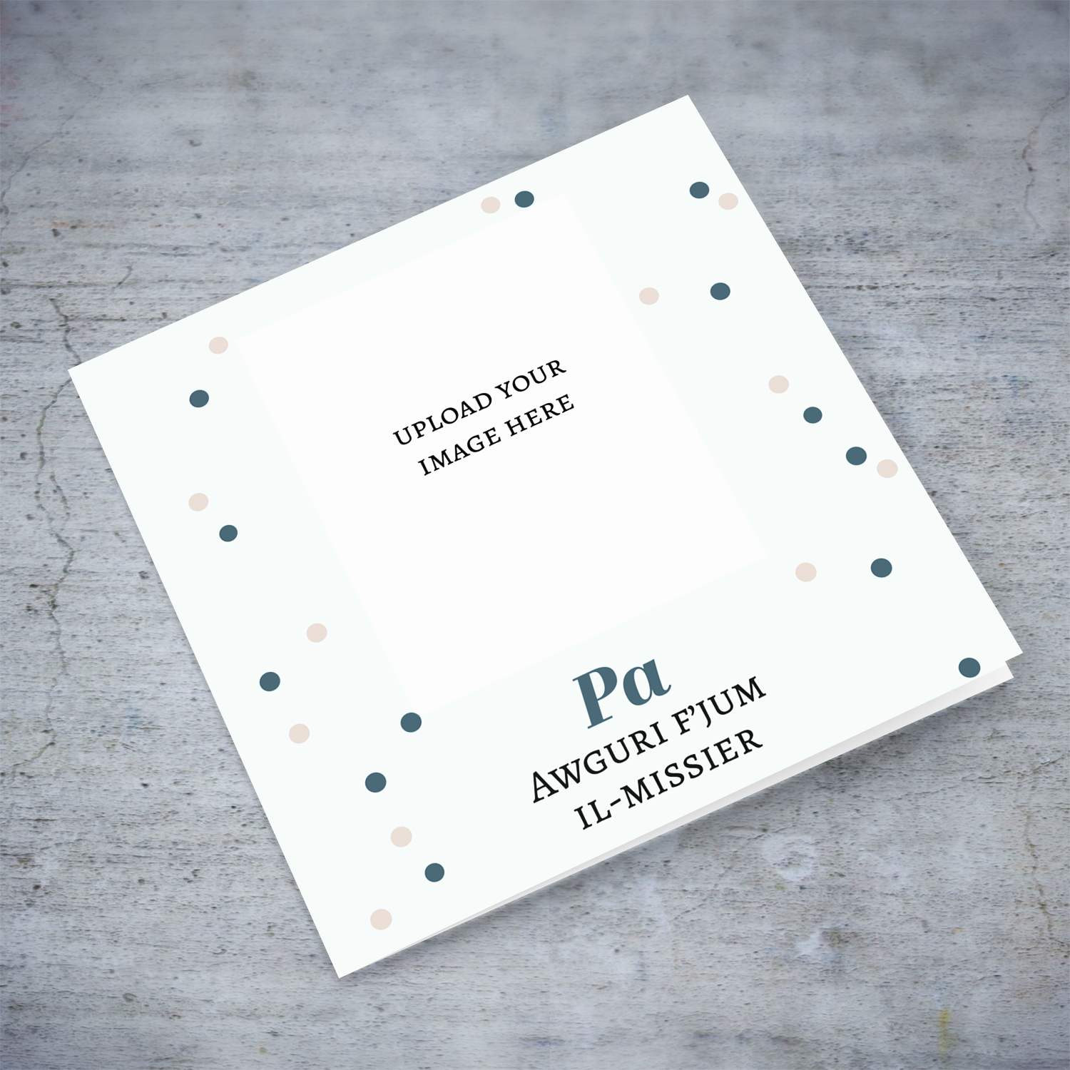 Photo Father's Day card in a light coloured background and scattered cream and blue dots in Maltese