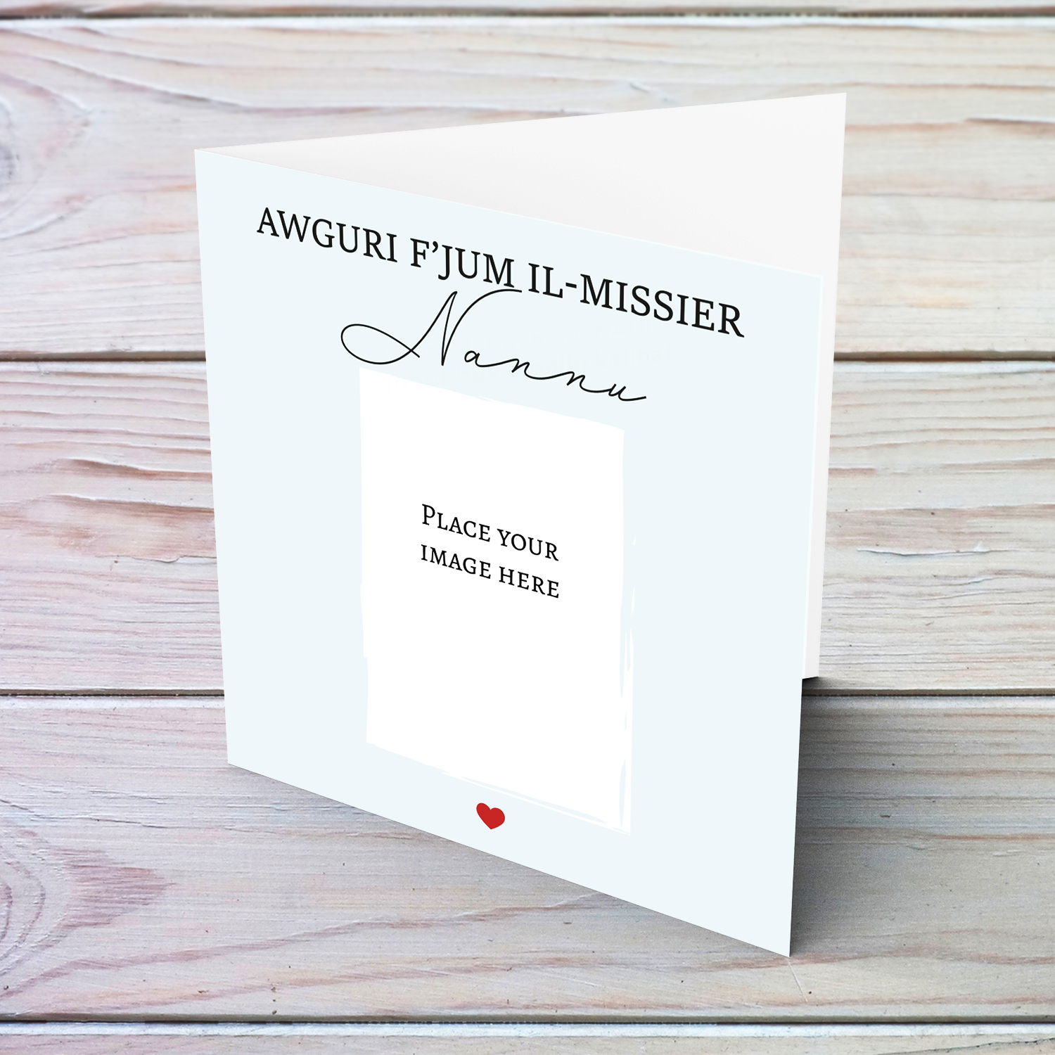 Minimalist photo father's day card for Nannu / Grandpa with light blue background and red heart in Maltese