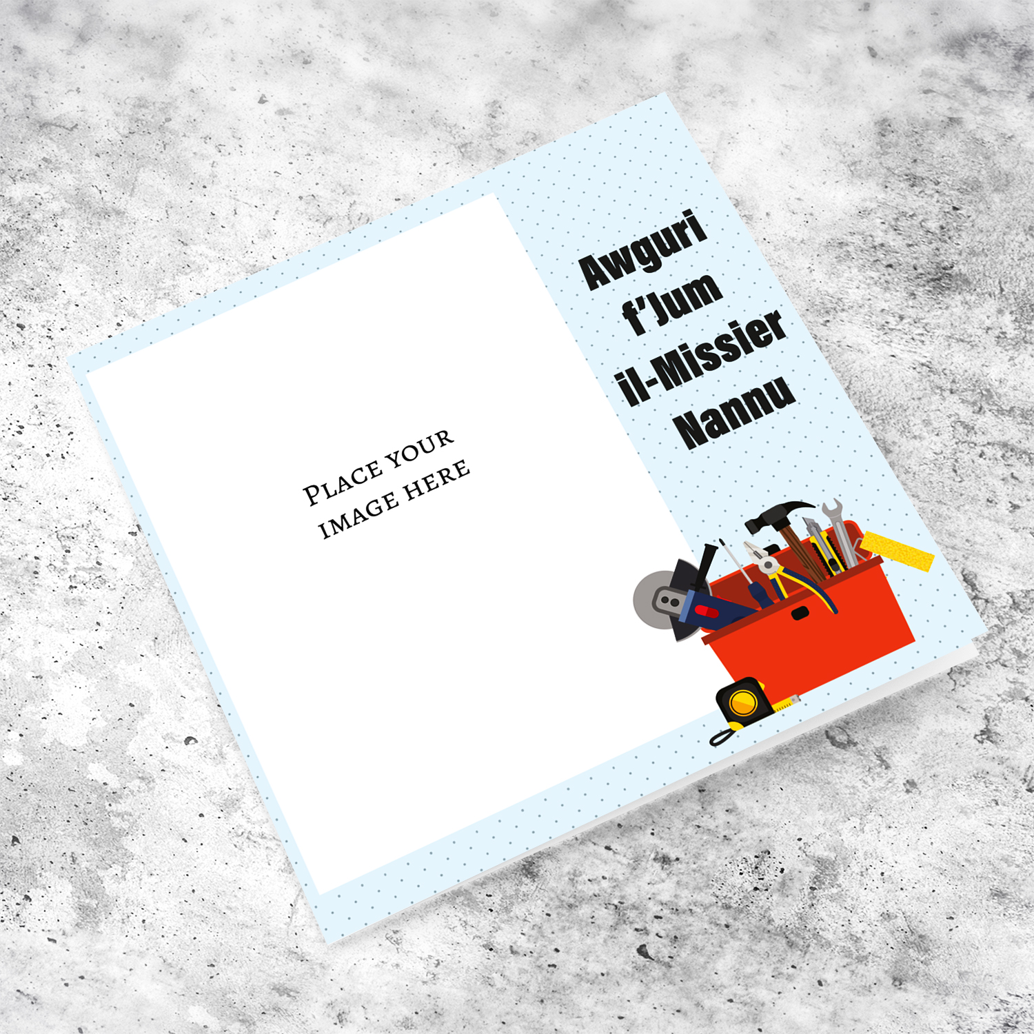 Photo father's day card for Nannu / Grandpa in light blue dotted background with toolbox in Maltese