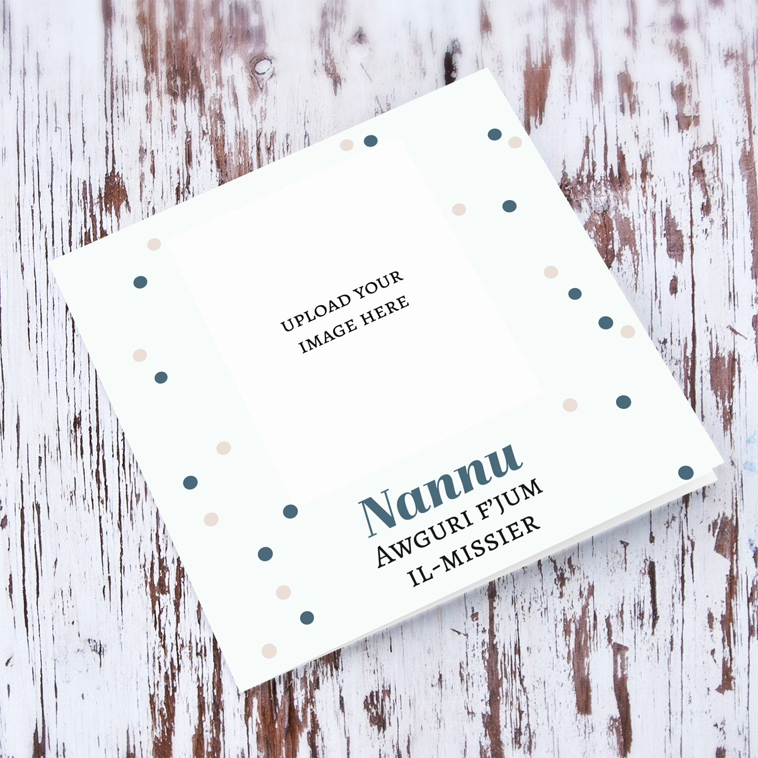 Photo Father's Day card for Grandpa in a light coloured background and scattered cream and blue dots in Maltese