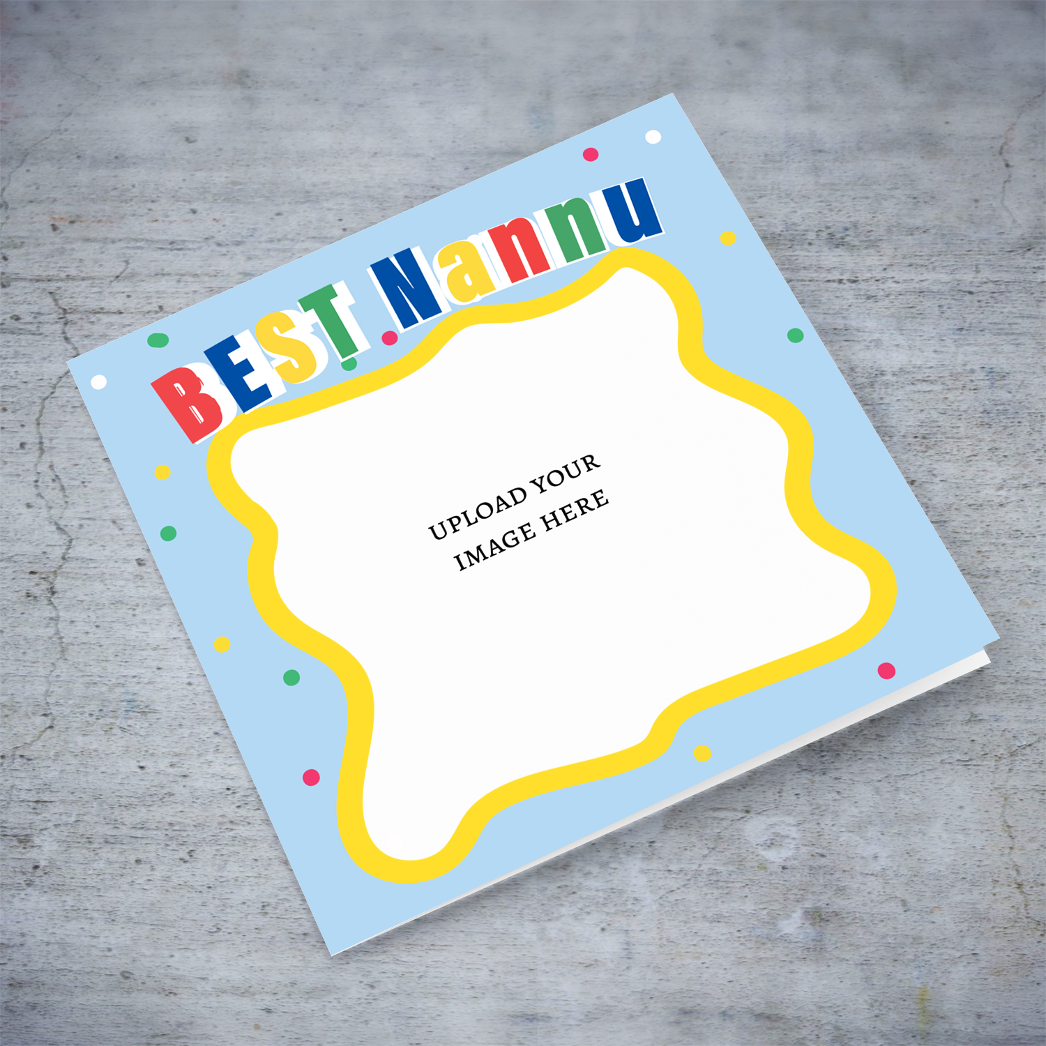Best Nannu photo card featuring colourful text, blue background and wobbly border in English 