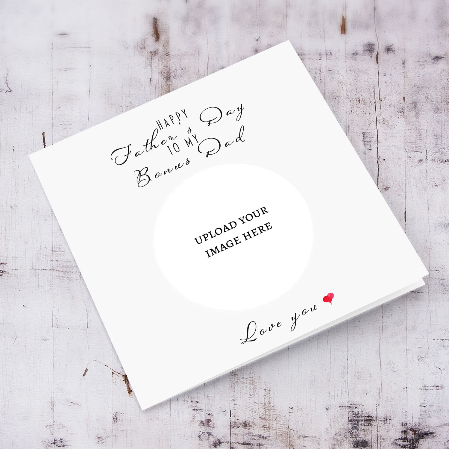 A circle photo father's day "To my bonus dad" featuring a cute heart in neutral background in English