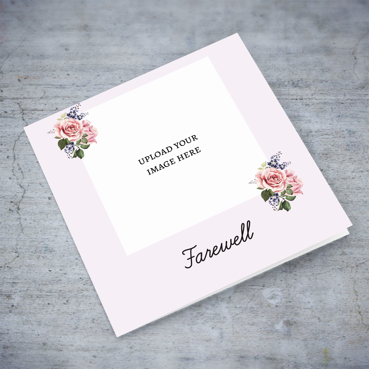 Photo farewell card with petite roses and light pink background in English
