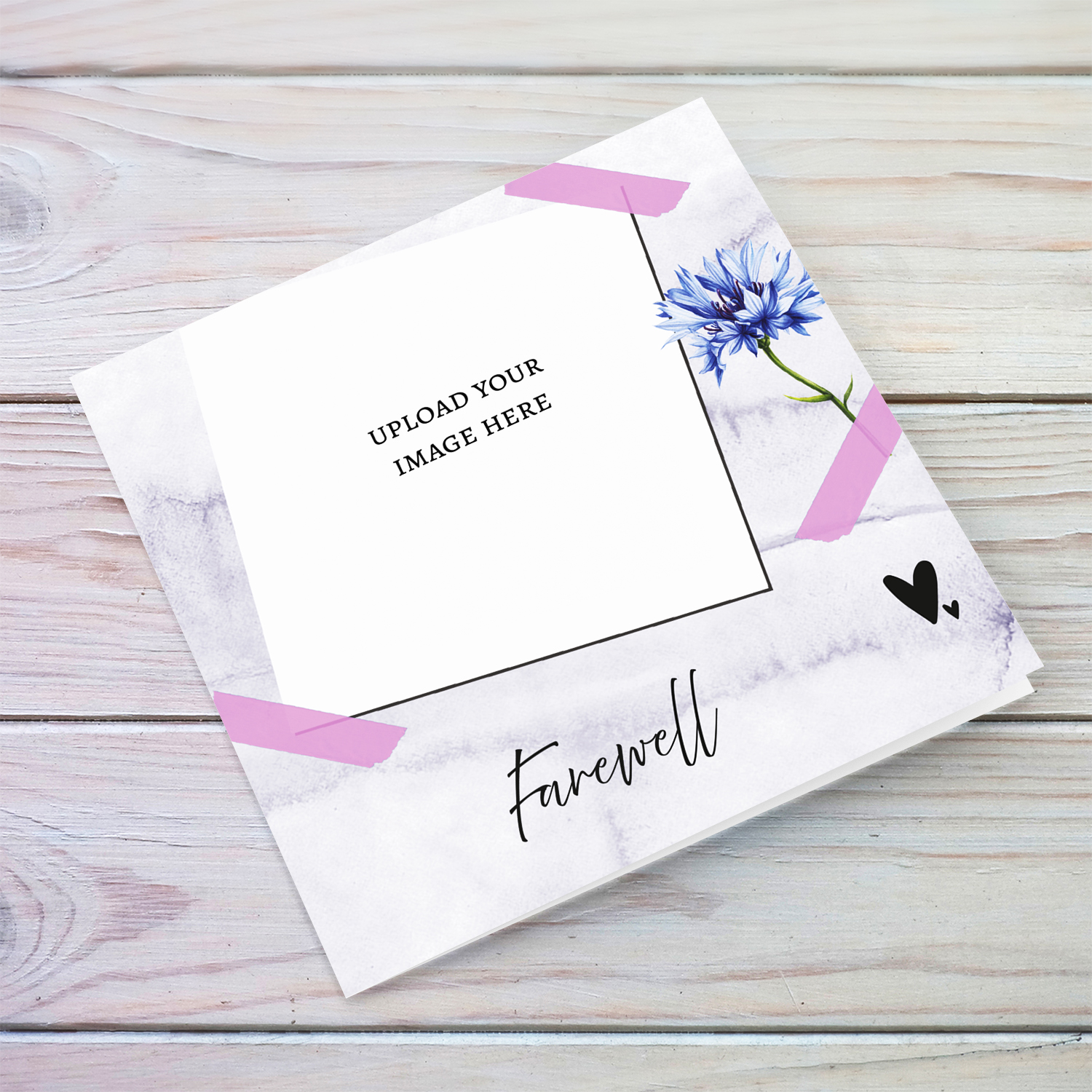Photo Farewell card with blue flower and pink tape in English
