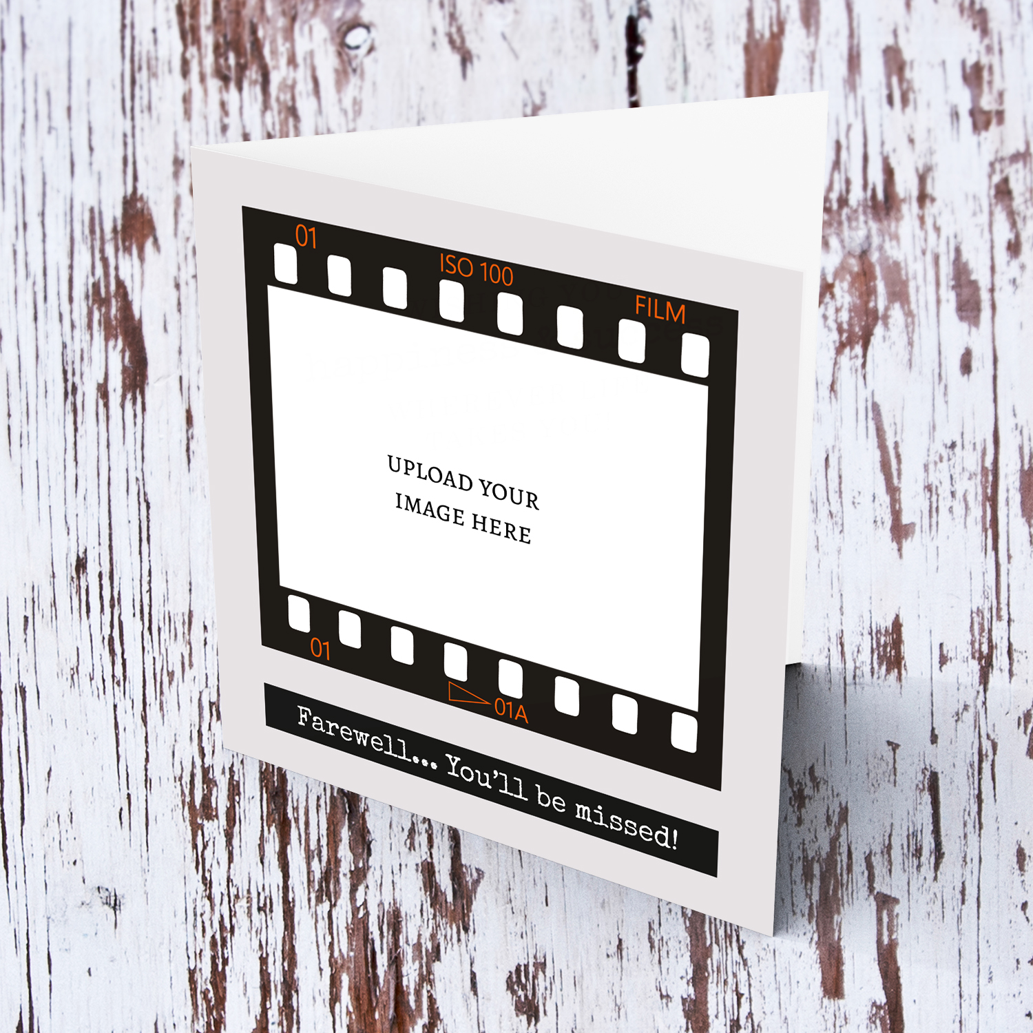 A photo farewell card featuring a black photo film reel to upload photo into and a neutral background in English