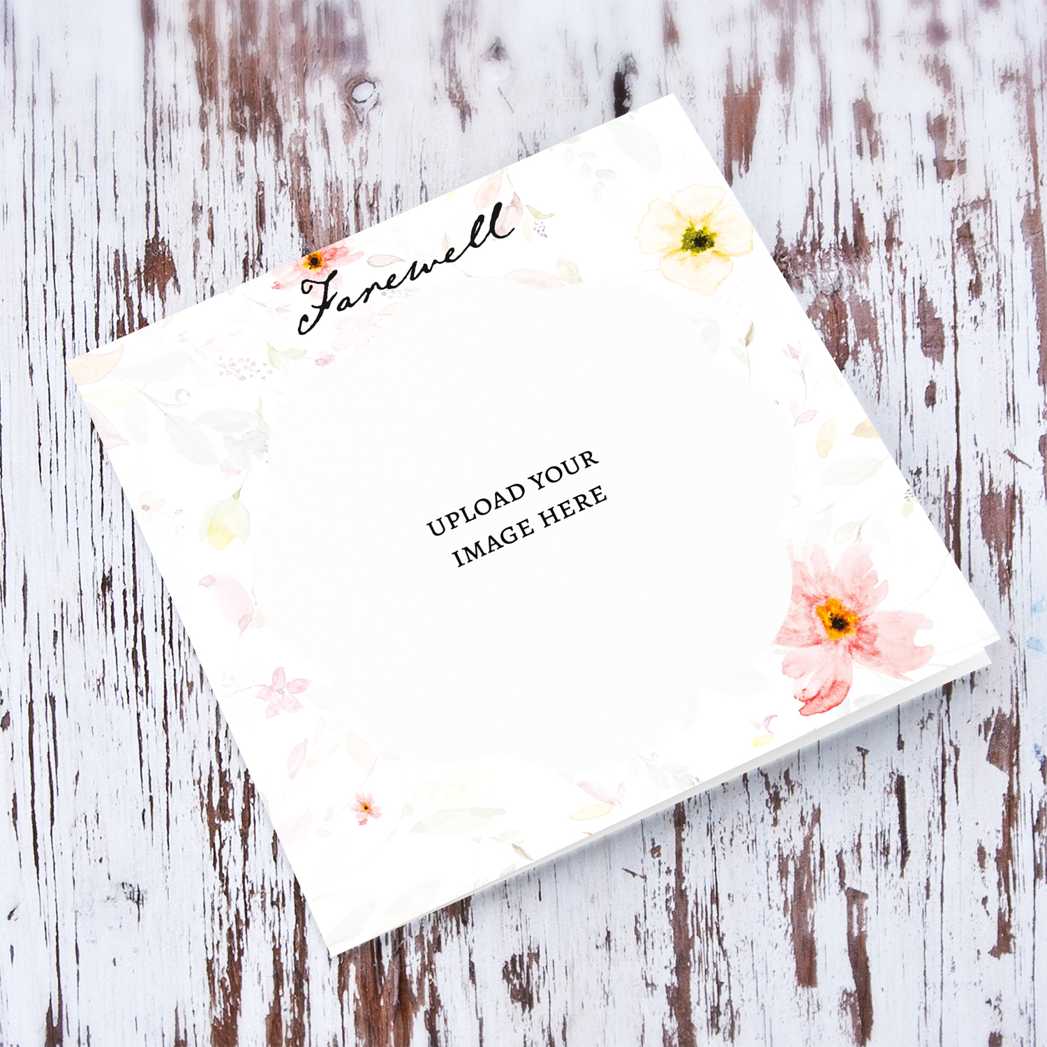 A delicate floral background photo farewell card with a blank message inside in English
