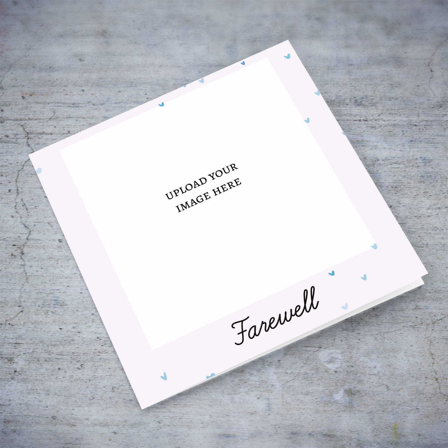 A photo farewell card in a light pink background and scattered blue hearts in English