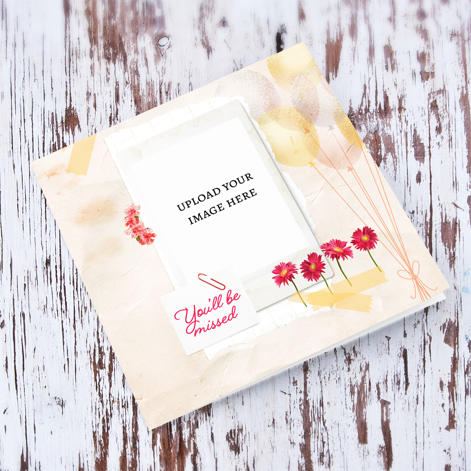 A beautiful farewell photo card with balloons and pink flowers in English