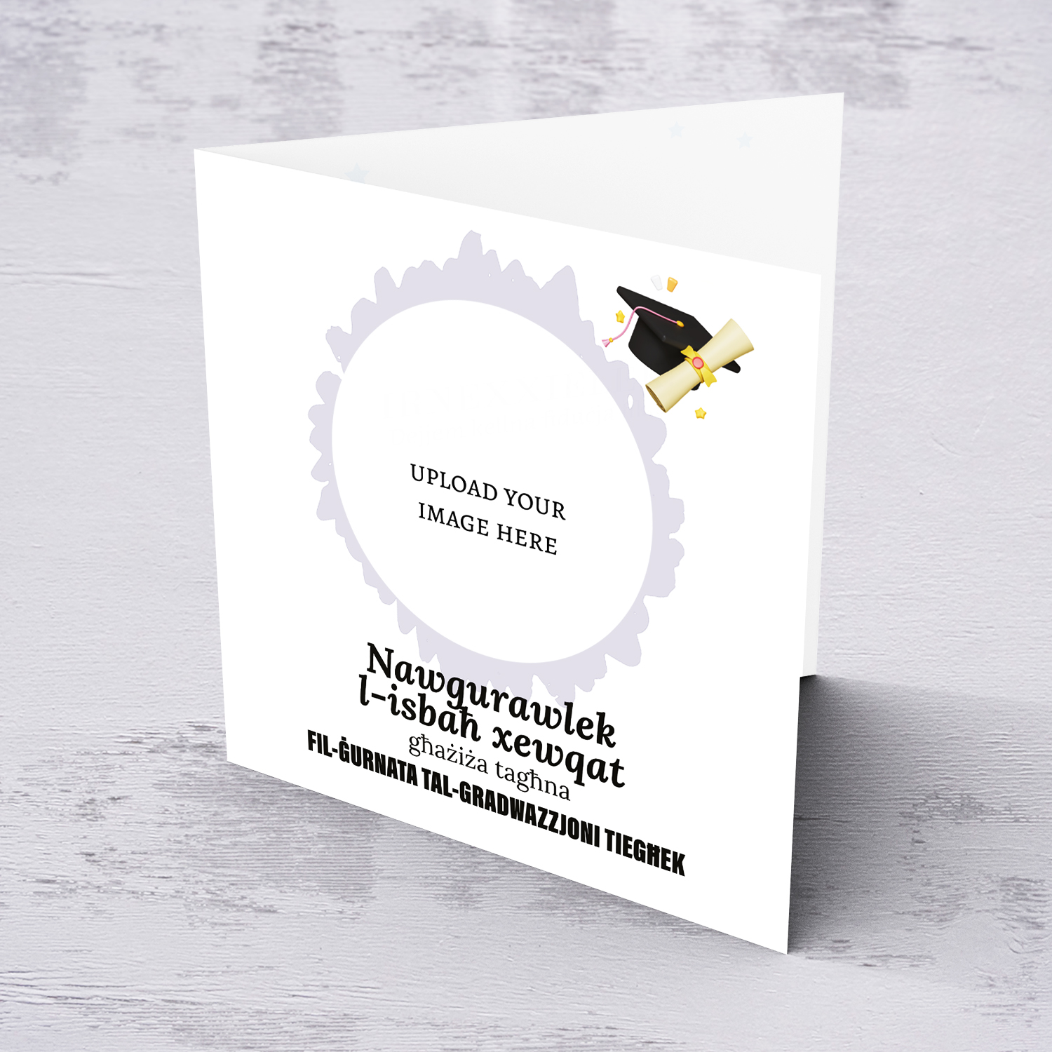 Circle Photo graduation card for female in Maltese 
