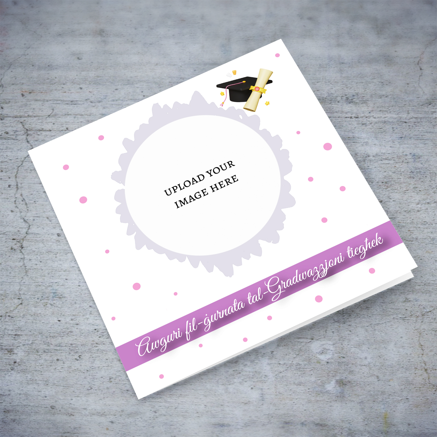 Photo graduation card with purple sash and graduation hat in Maltese