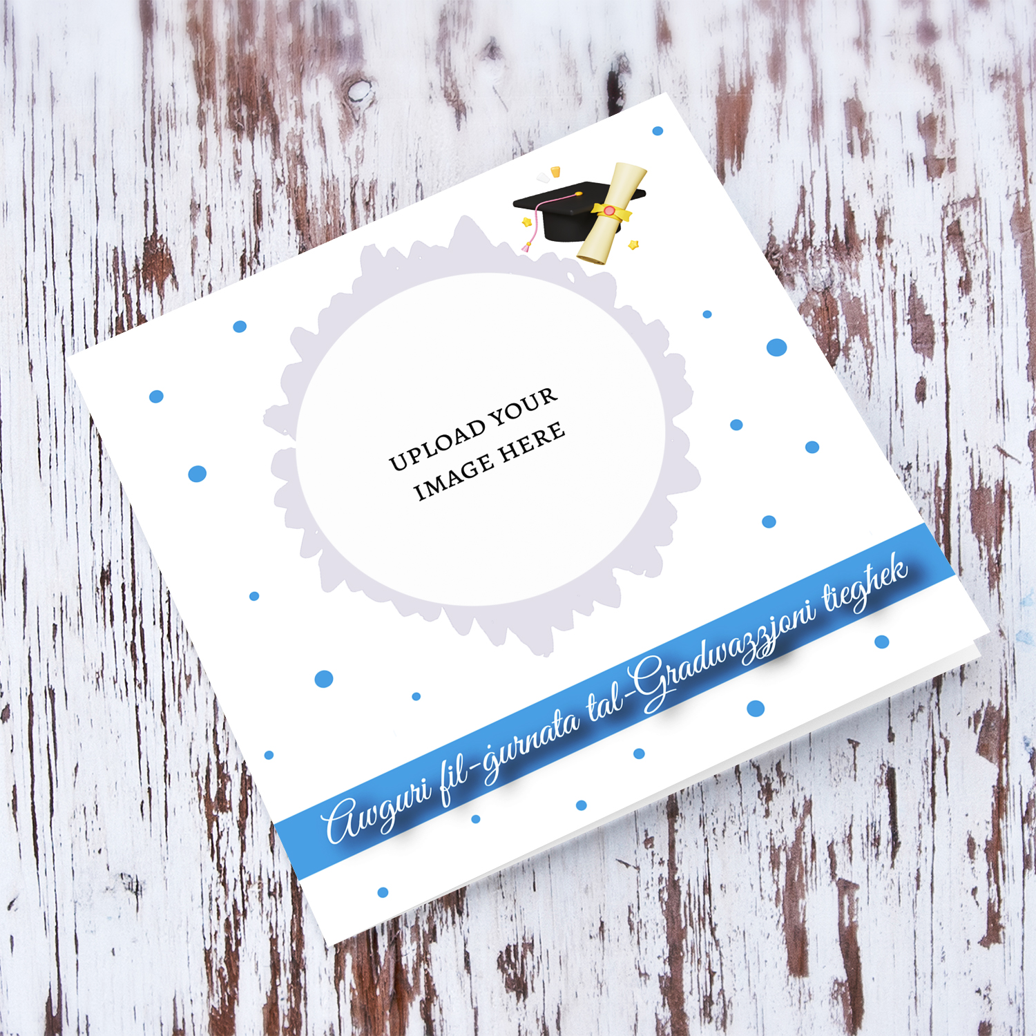 Photo graduation card with blue sash and graduation hat in Maltese