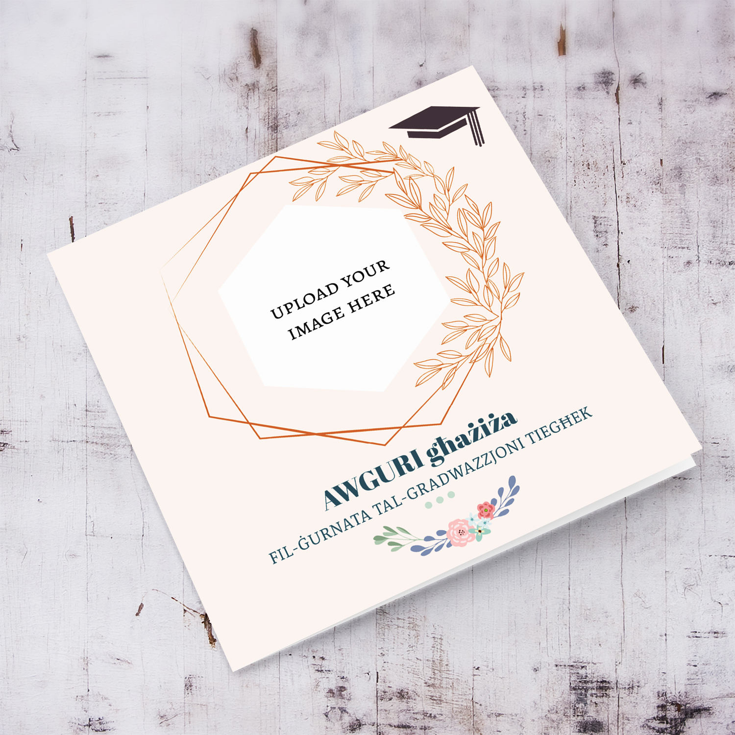 Light pink background photo graduation card for female, with graduation hat and flowers in Maltese