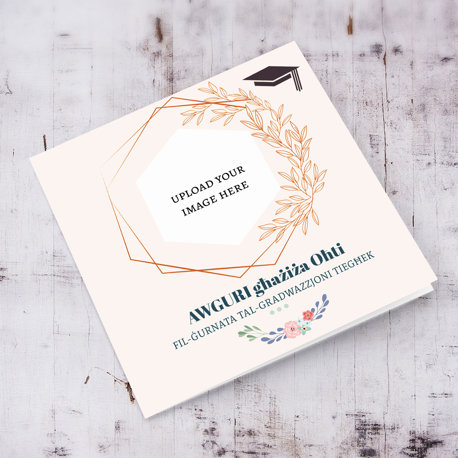Light pink background photo graduation card for Sister, with graduation hat and flowers in Maltese