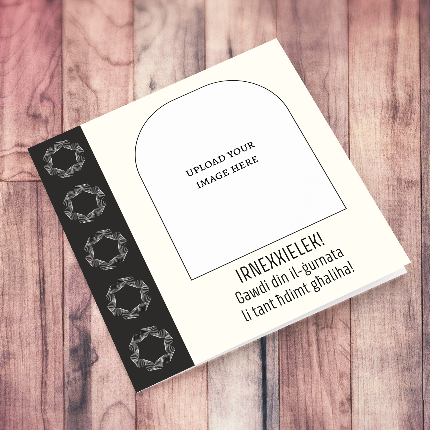 Photo graduation card in cream background and dark gray sash with white decorations in Maltese (Neutral & unisex)