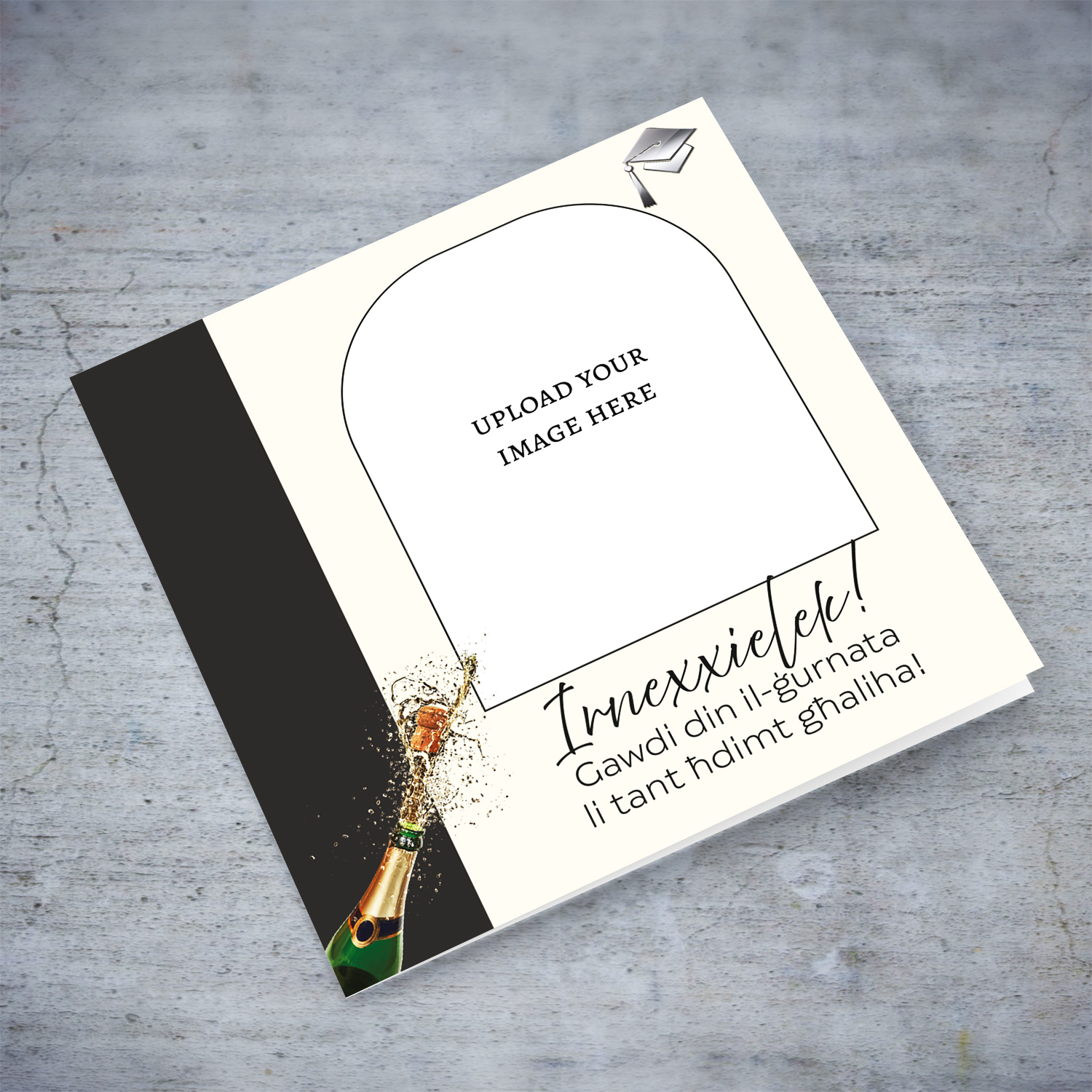 Photo graduation card in cream background and dark gray sash with champagne and graduation hat in Maltese (Neutral & unisex)