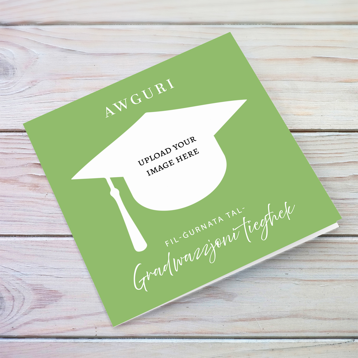 A modern graduation card with a fresh green background and a photo window shaped like a graduation hat. It's simple, neutral & unisex (Maltese)