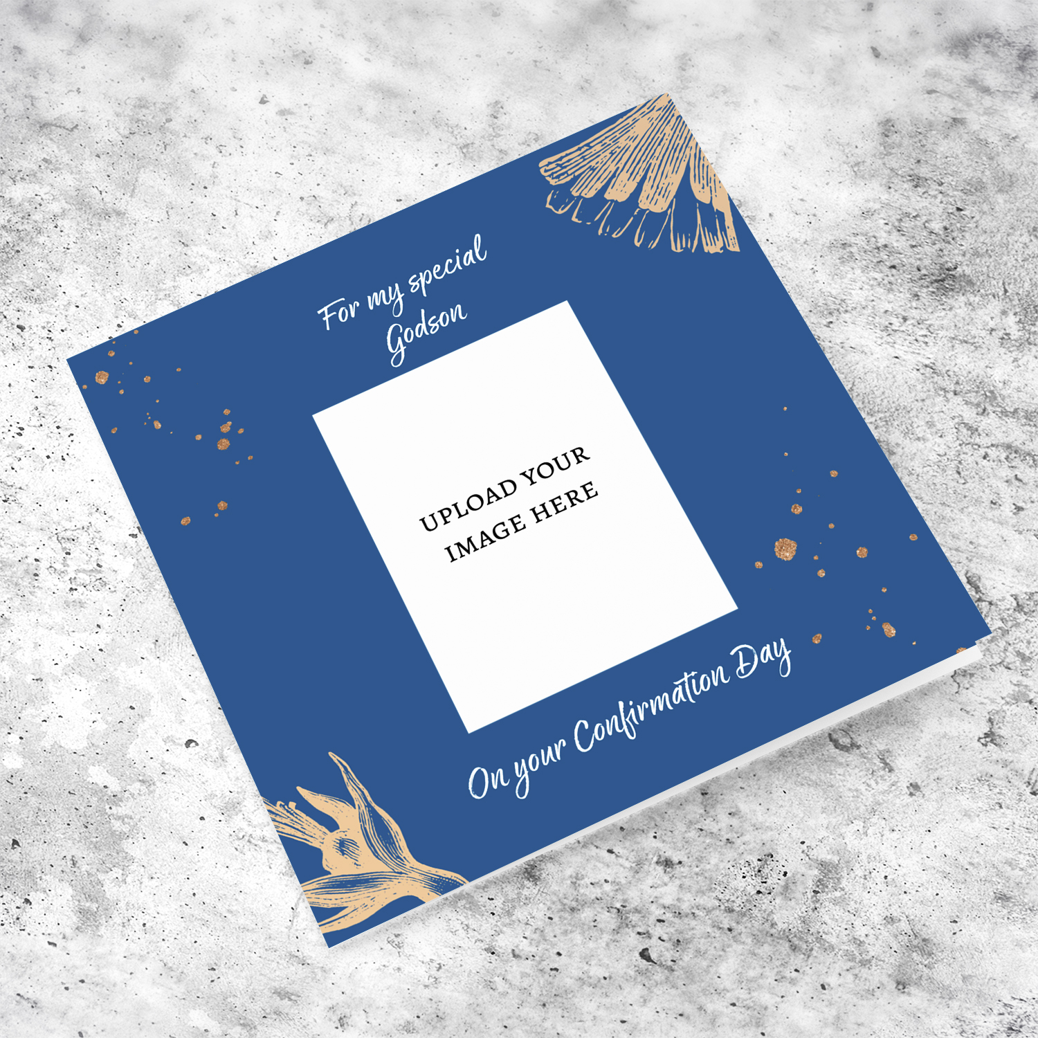 To my Godson on your Confirmation Day - Confirmation greeting card in blue background and golden tones in English