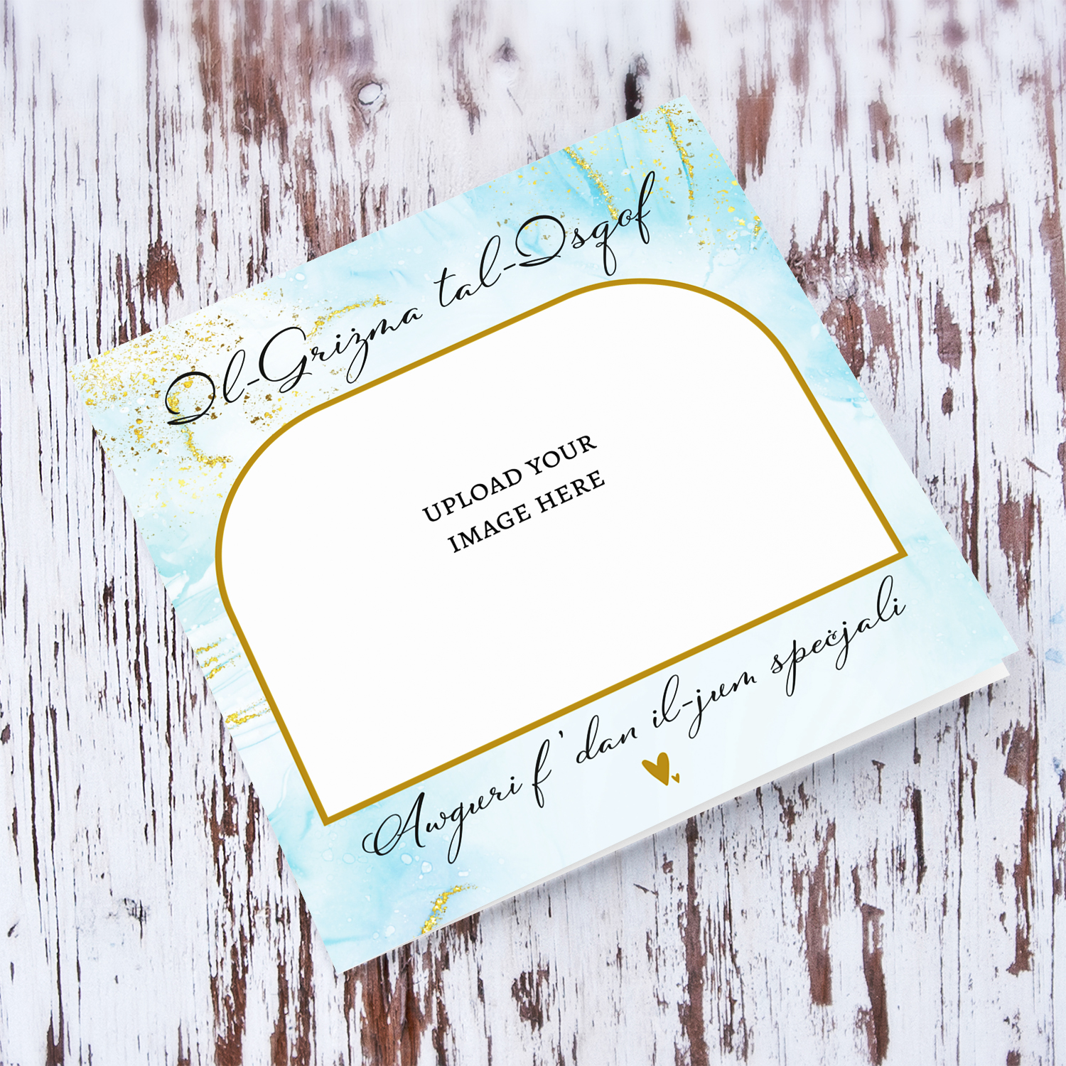 Confirmation photo card in light blue background and touches of gold in Maltese