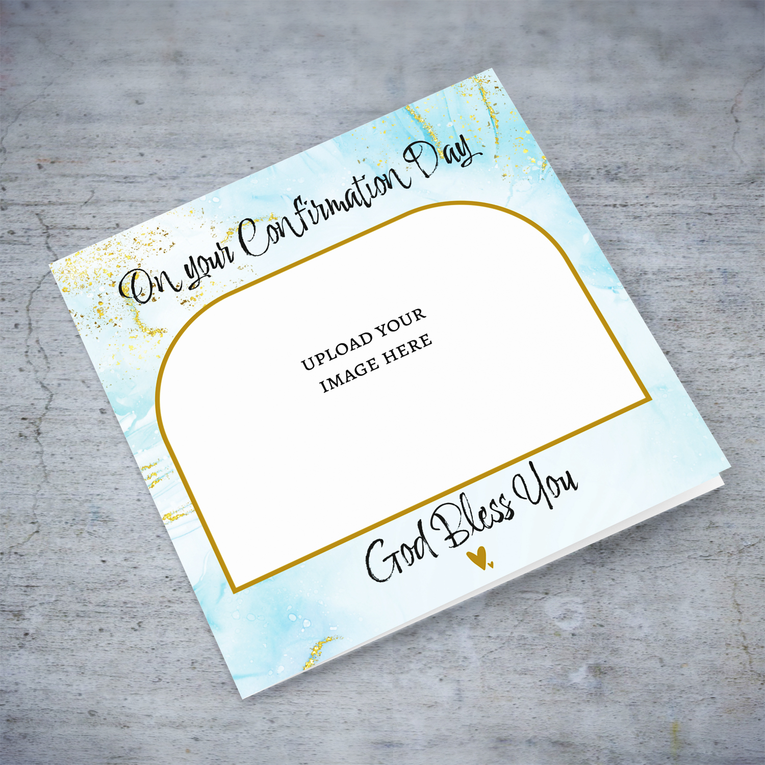 Confirmation photo card in light blue background and touches of gold in English 