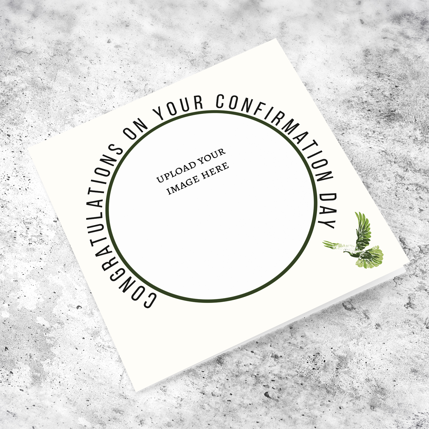 A neutral open photo Confirmation card, in a cream background in English (Unisex & Personalisable)