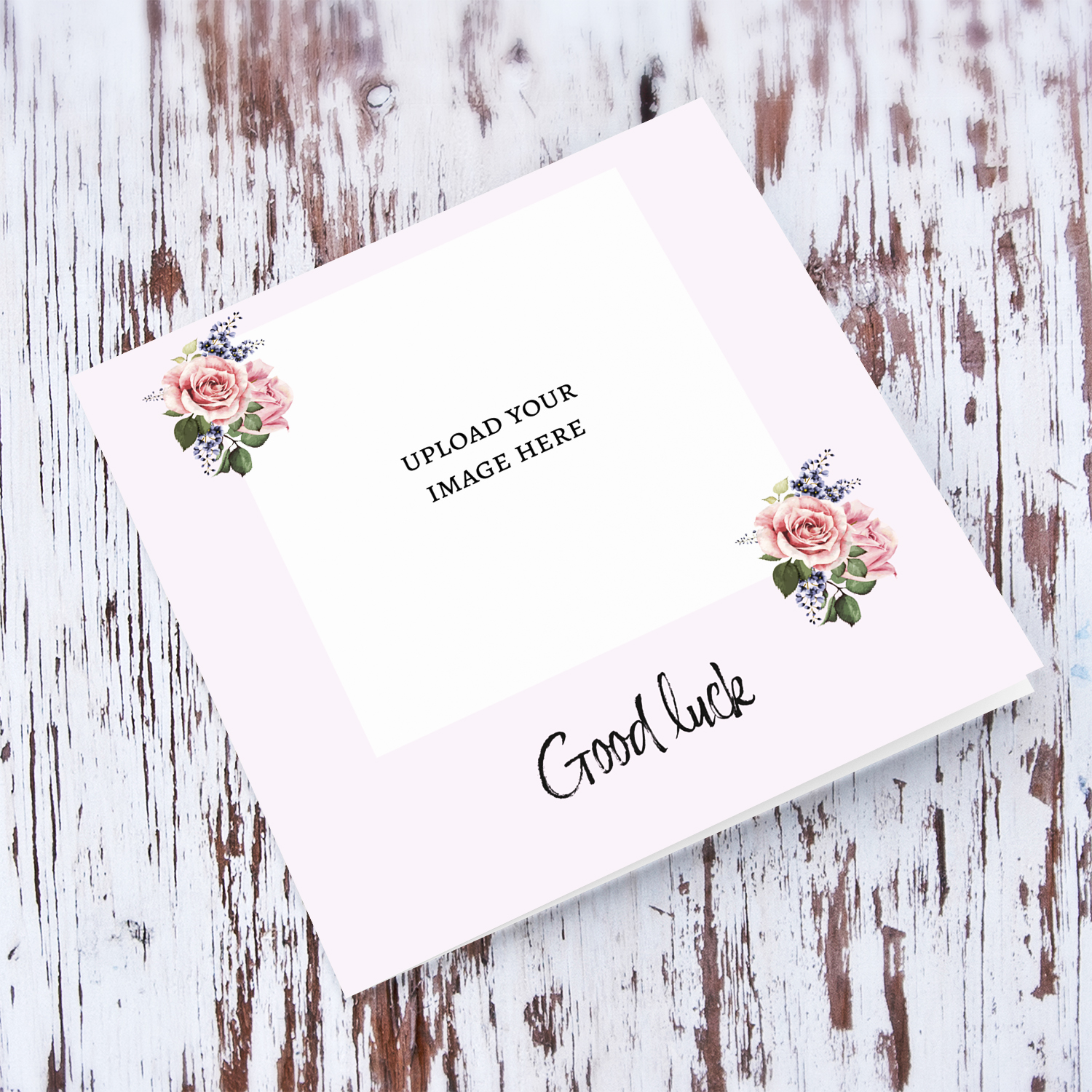 Photo good luck card with petite roses and light pink background in English