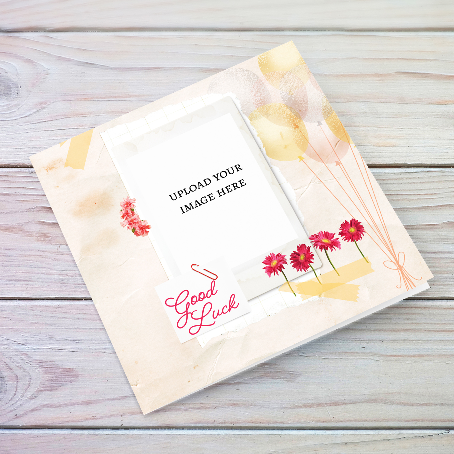A beautiful Good Luck photo card with balloons and pink flowers in English