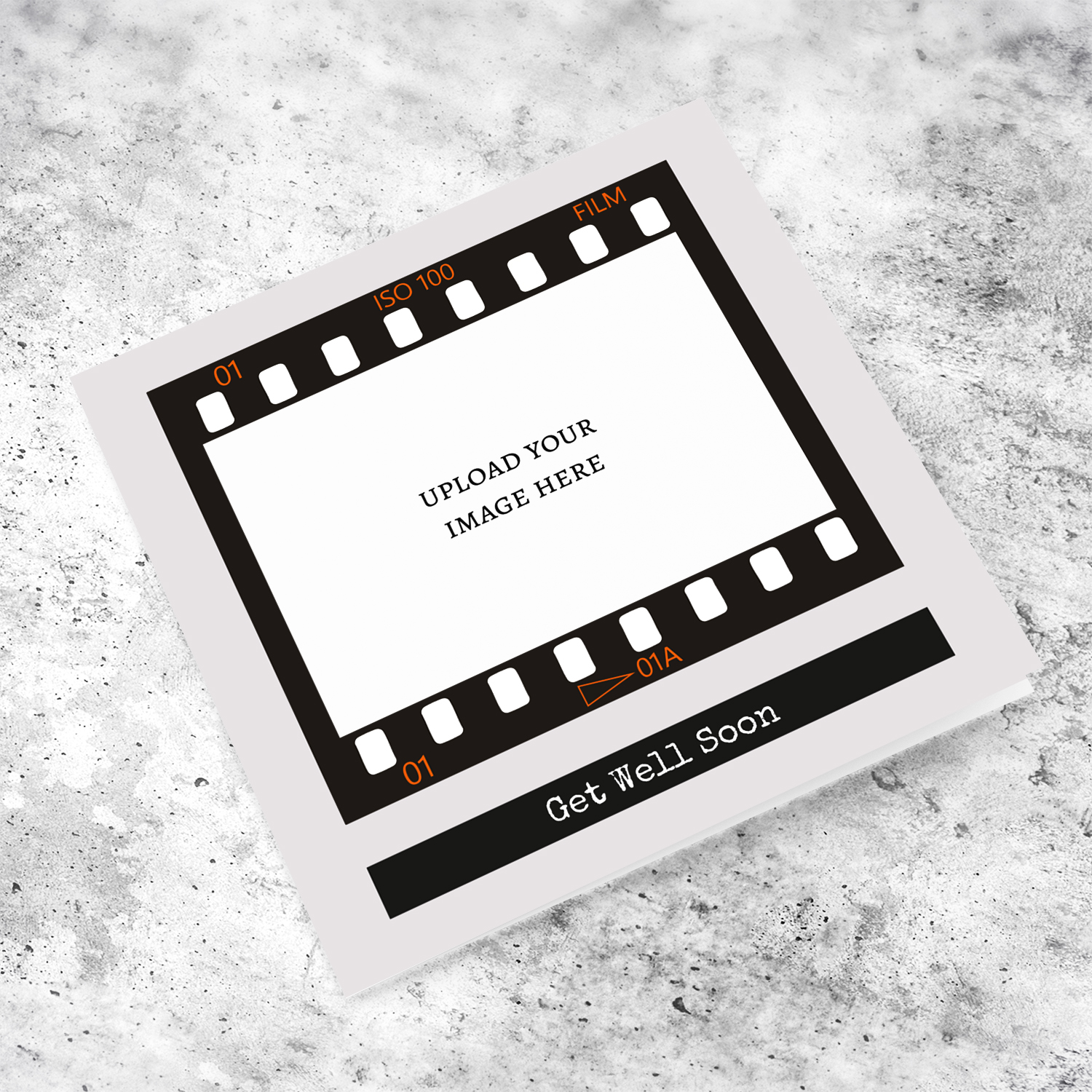 A photo get well soon card featuring a black photo film reel to upload photo into and a neutral background in English