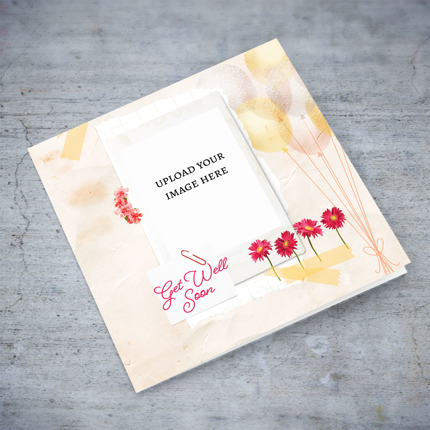 A beautiful Get Well Soon photo card with balloons and pink flowers in English (blank message inside)