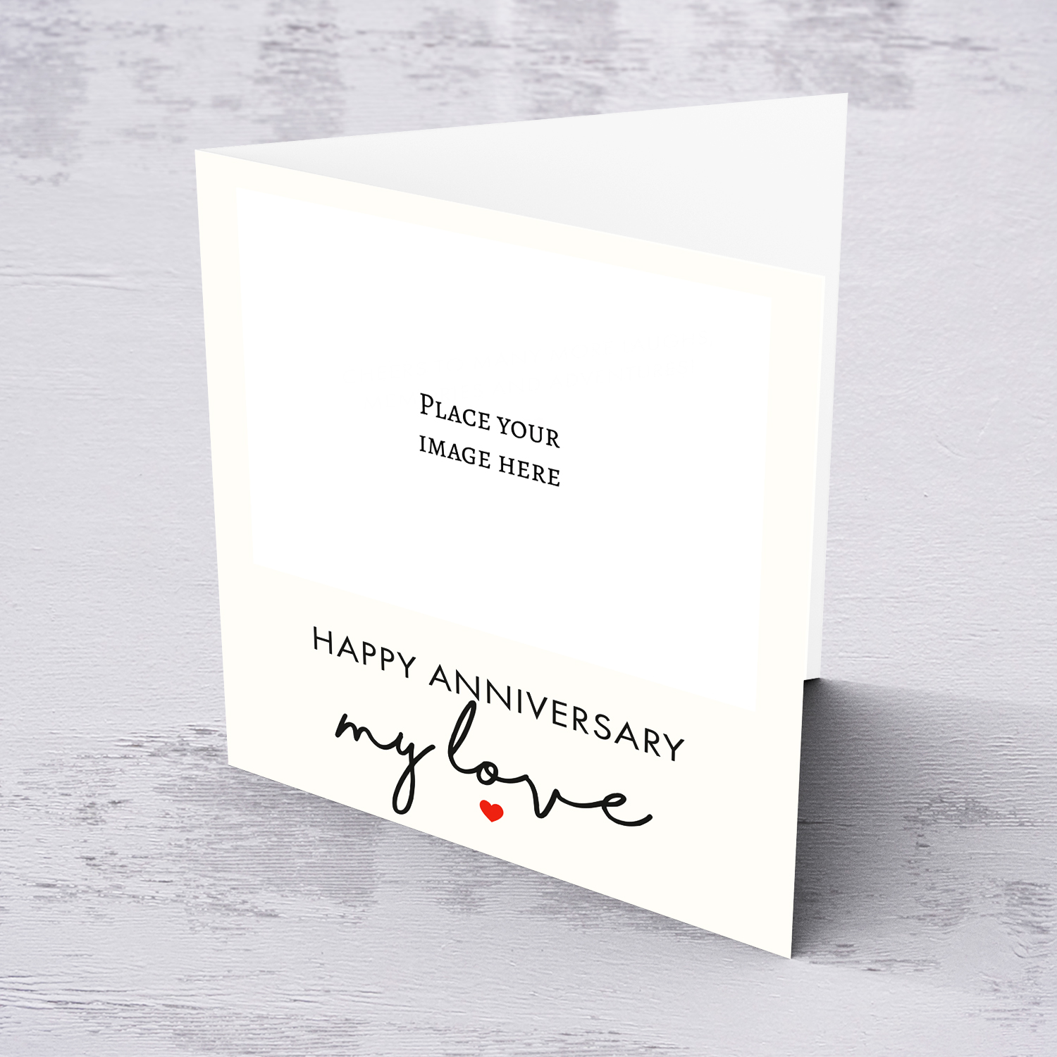 Minimalist photo anniversary card for boyfriend / girlfriend / wife / husband / partner with cream background and red heart in English