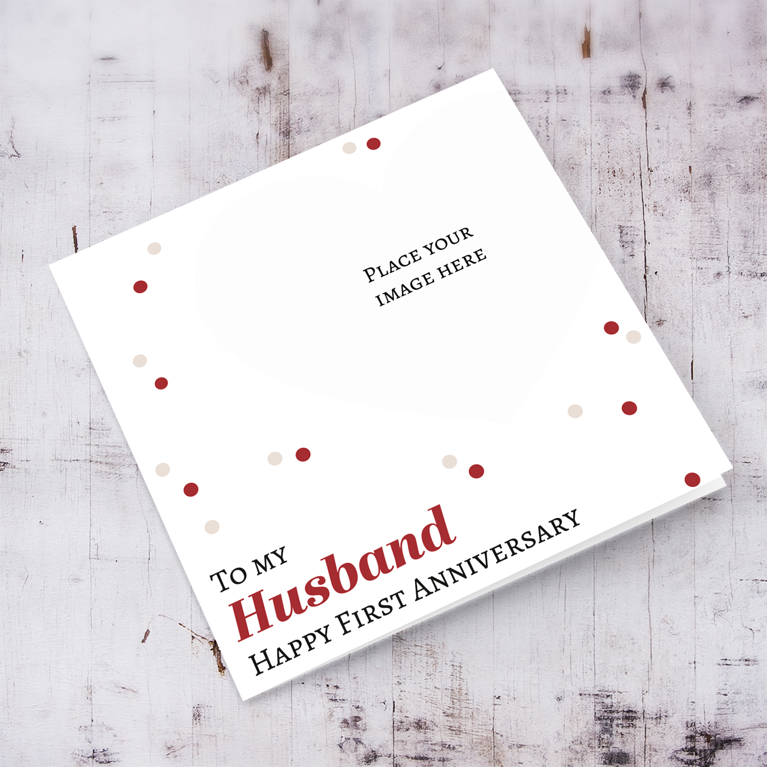 Heart shaped photo card first wedding anniversary for husband in English