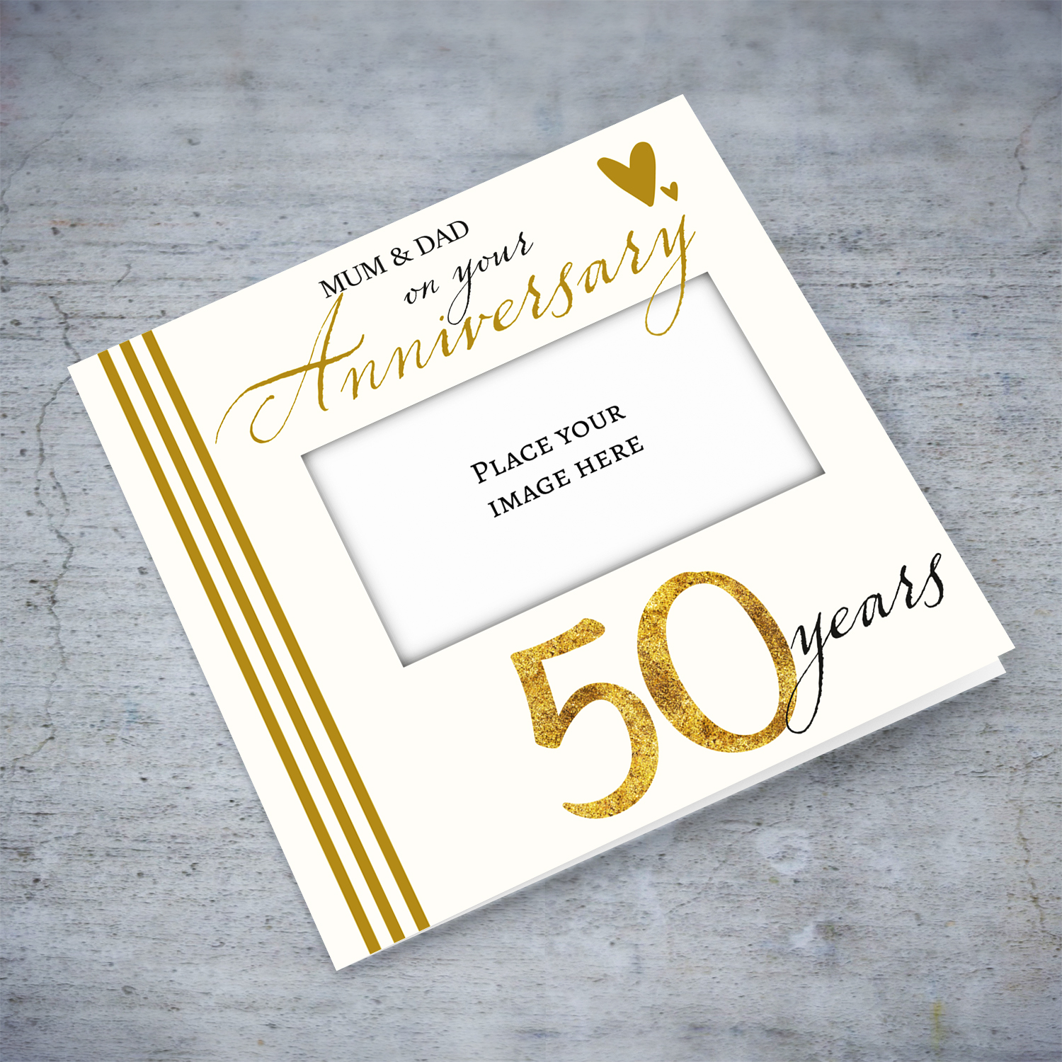 50th Golden wedding photo anniversary card for parents in black and gold text in English